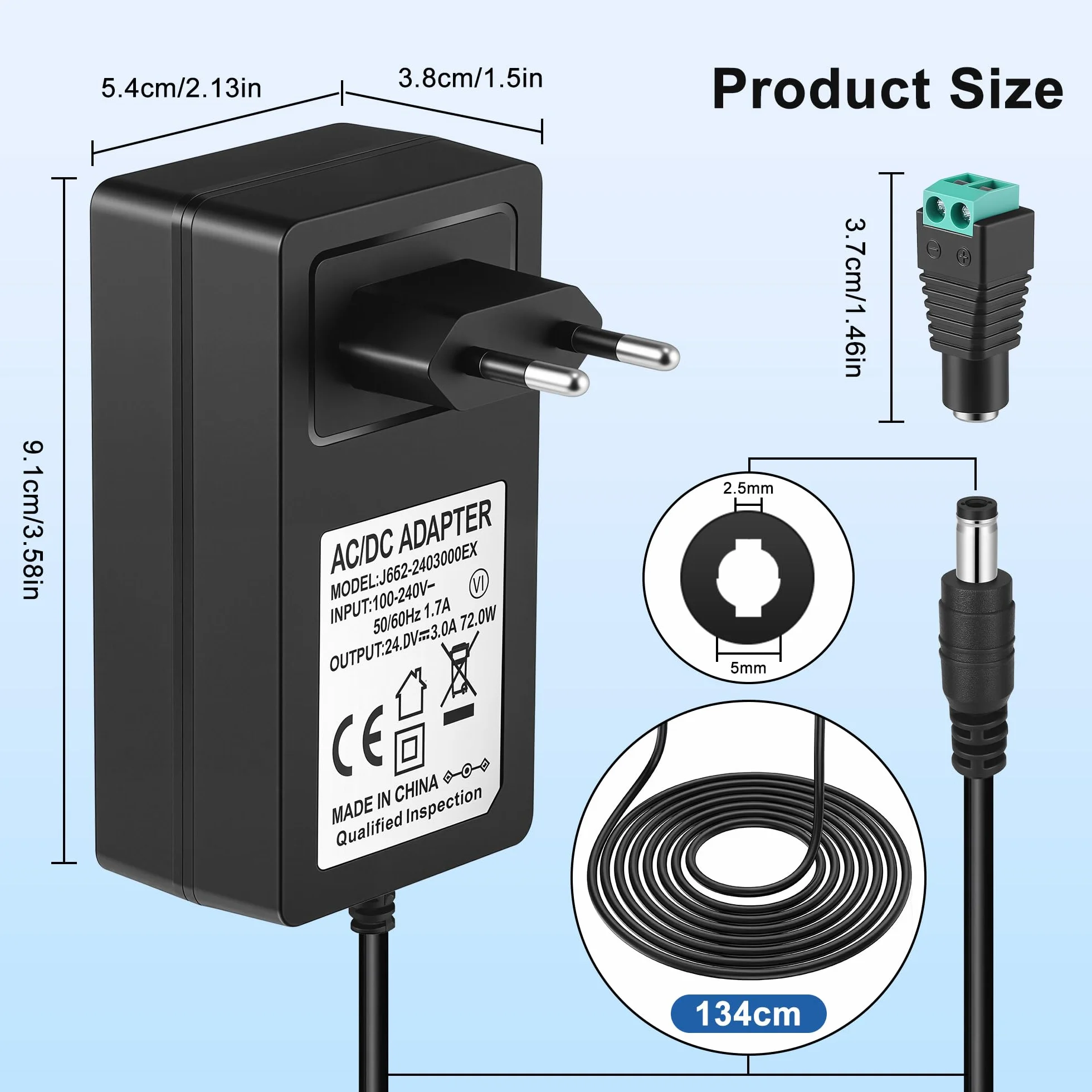 Starvortex Adapter 24V 72 W 3A, adapter AC-DC konwersja prądu zmiennego 100-240 V na prąd stały 24 V, uniwersalna ładowarka z gniazdem DC, uniwersalny adapter do taśm LED routerów