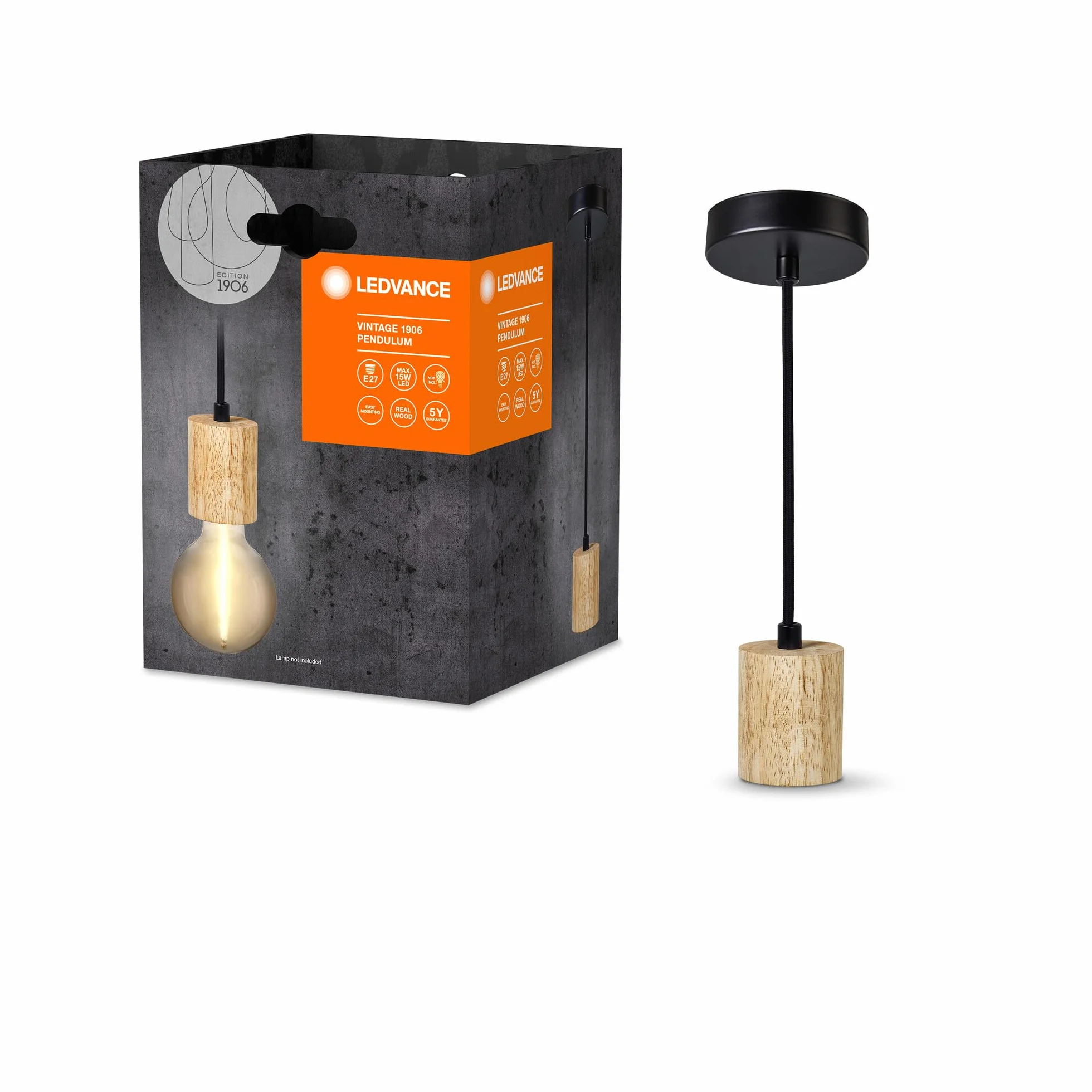 LEDVANCE Vintage 1906 Lampa Wisząca Cylinder Wood E27, Wood, Max. 15 w LED, Okrągły Baldachim, Kombinacja z Lampami Vintage 1906, Połączenie z Inteligentnymi Lampami