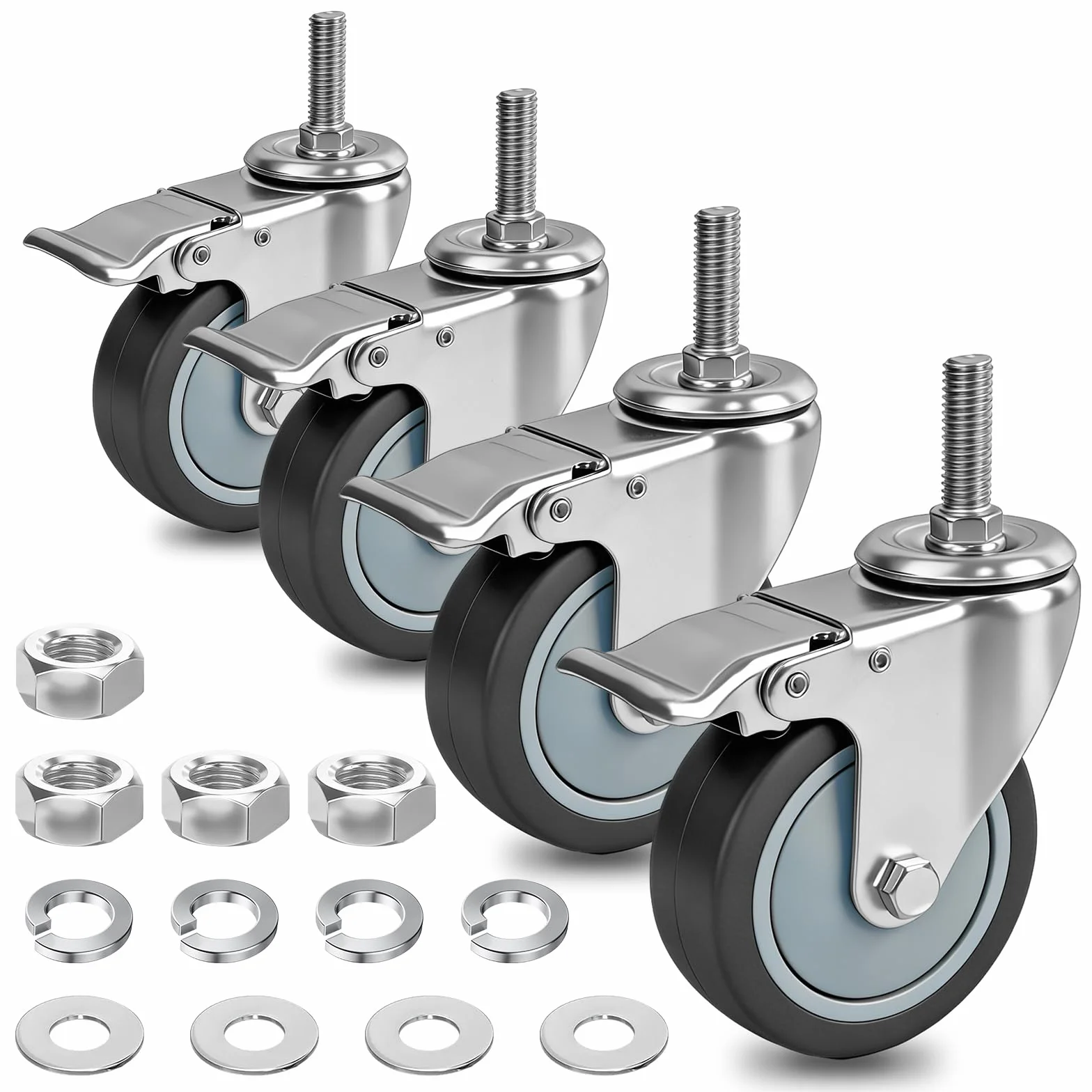 Kółka hamulcowe 4-calowe 1/2"-13x1-1/2, obrotowe kółko z trzpieniem, wymienne kółka jezdne o dużej wytrzymałości do regałów drucianych, zestaw 4 szt.