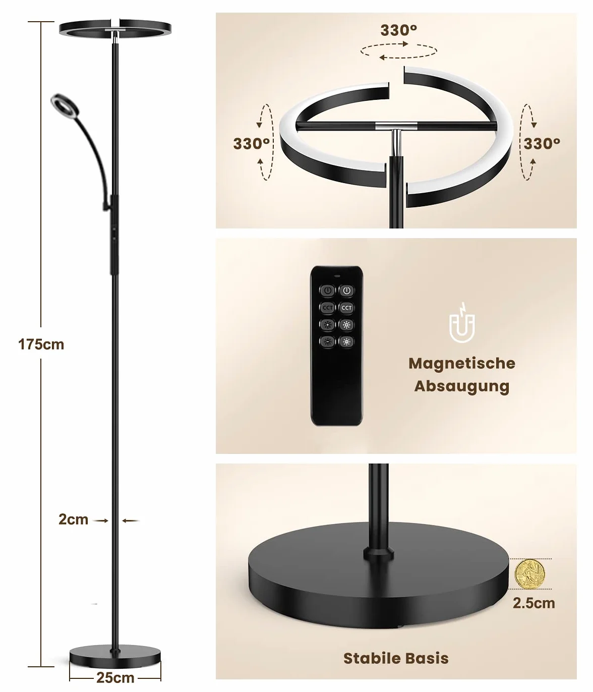 ANTENLICHT KAKA ściemnialna lampa stojąca LED, czarna 20 W z nowoczesną, elastyczną lampą do czytania 7 W, z pilotem zdalnego sterowania 1500 lm, 4 temperatury barwowe do salonu, sypialni