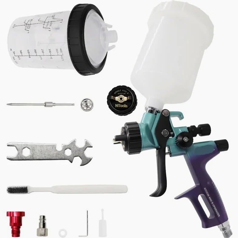 Bezpowietrzny pistolet do malowania, Dysza pistoletu natryskowego 1,3 i 1,8 mm ze zbiornikiem mieszającym 400 cm3 i adapterem Pistolet lakierniczy samochodowy Pistolet natryskowy do lakieru HVLP 4000B