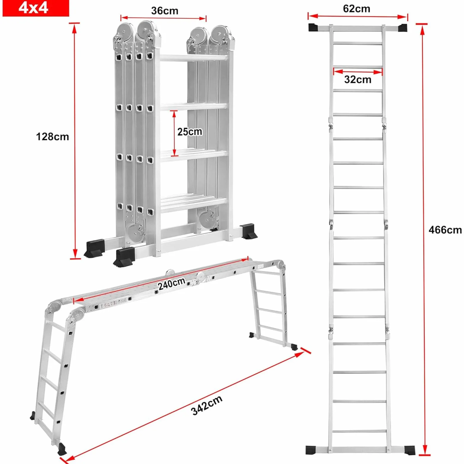 Aufun Aluminiowa drabina uniwersalna 470 cm 6 w 1 drabina aluminiowa, Drabina przegubowa z platformą 4x4 stopnie aluminiowa wielofunkcyjna schodowa,obciążenie 150 kg