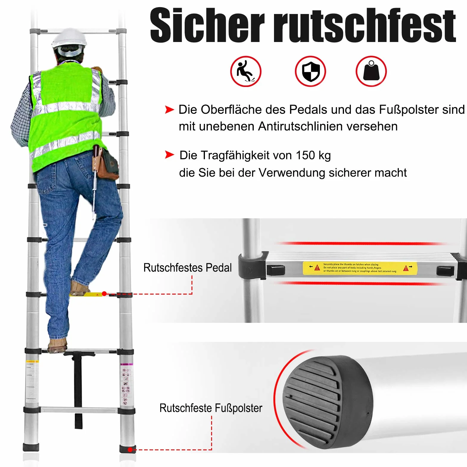 FIVMEN Drabina teleskopowa 3,2 m, wysuwana, aluminiowa, z 11 szczeblami, drabina aluminiowa, wysuwana, do strychów, magazynu, nośność 150 kg, srebrna