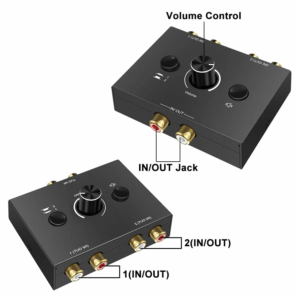 Optyczny przełącznik audio RCA Stereo Audio Switch 2 w 1 wyjściem, analogowy z kontrolą głośności i kablem RCA