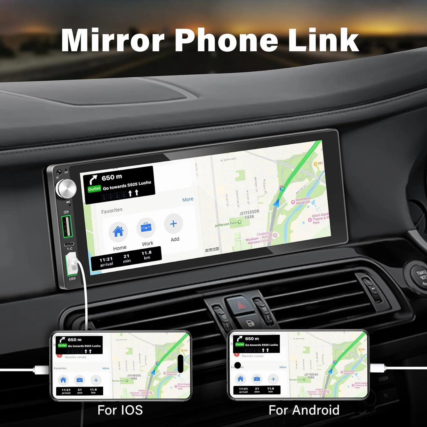 Radio samochodowe Bluetooth 1 DIN z funkcją CarPlay i Android Auto, z ekranem dotykowym o przekątnej 6,9 cala, łącze Mirror Link/RDS FM Radio/USB/Type-C/Mikrofon/Kamera zapasowa/obsługa pilota