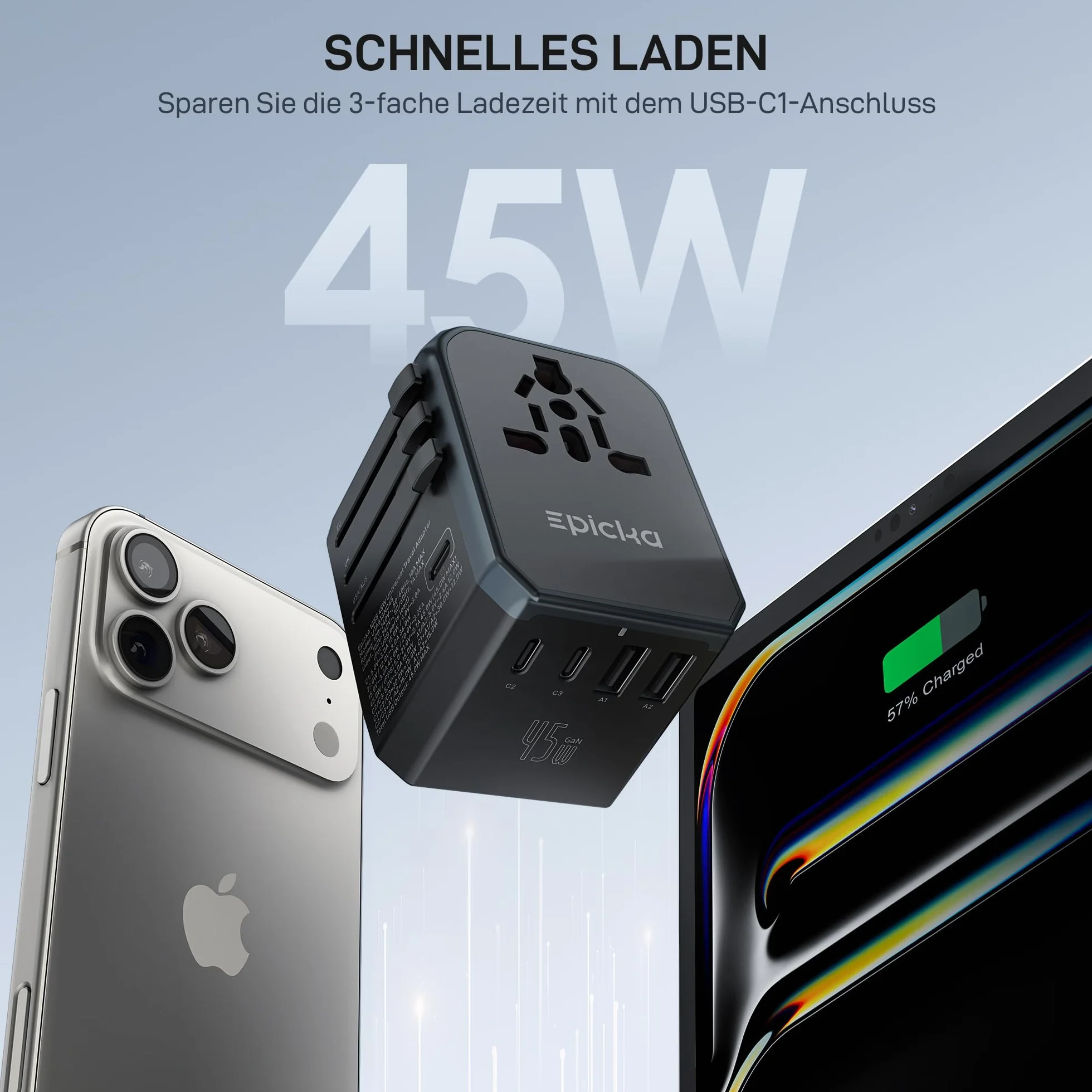 Epicka Uniwersalny adapter podróżny na cały świat PD Fast Charge, 45W szybkie ładowanie adapter podróżny z 3 USB i 2 USB C, uniwersalny dla UE USA UK Tajlandia Australia Adapter podróżny 105s