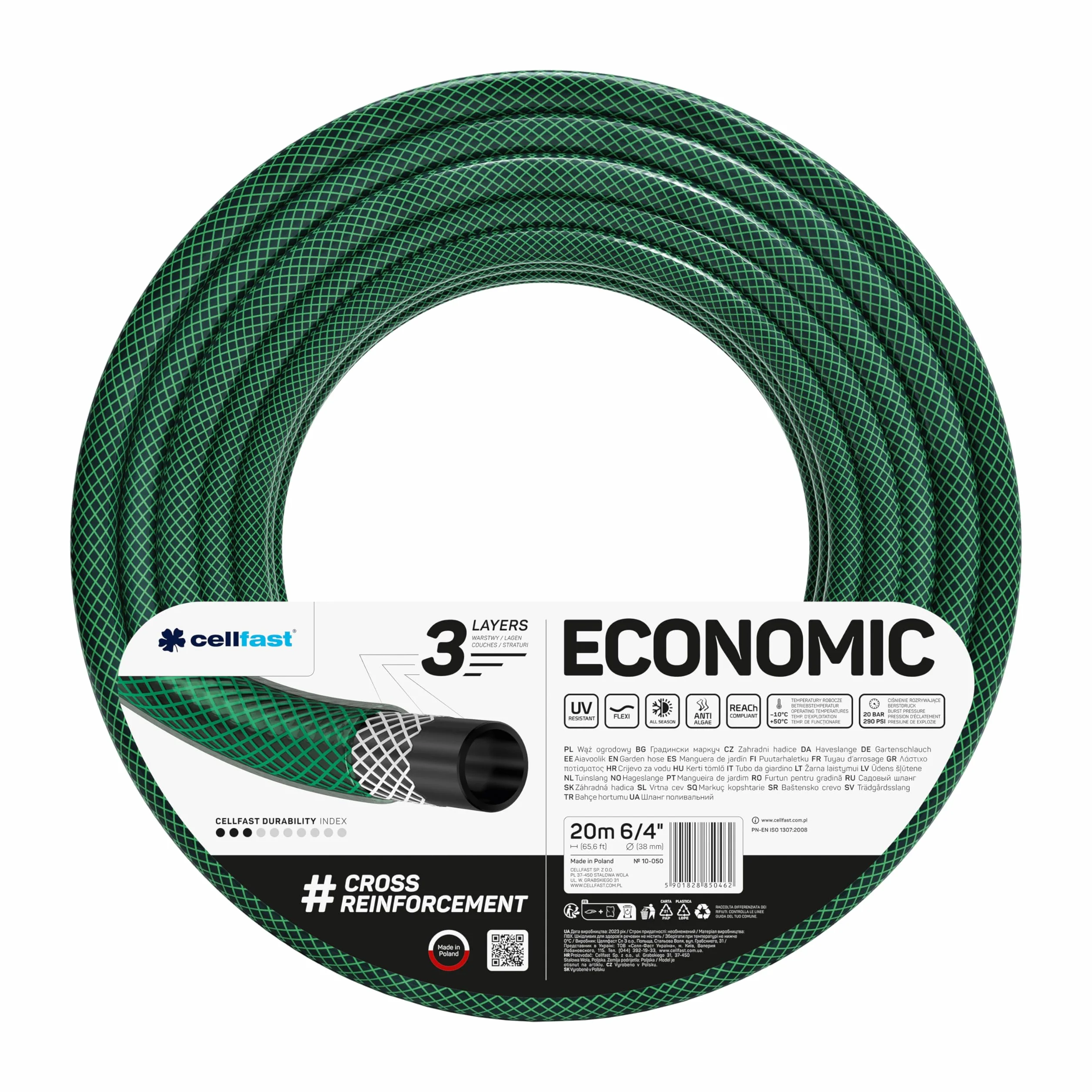 Cellfast Wąż Ogrodowy Economic - 3-Warstwowy - Wytrzymały - 1 1/2" 20 m - Nawadnianie Ogrodu - Zielony