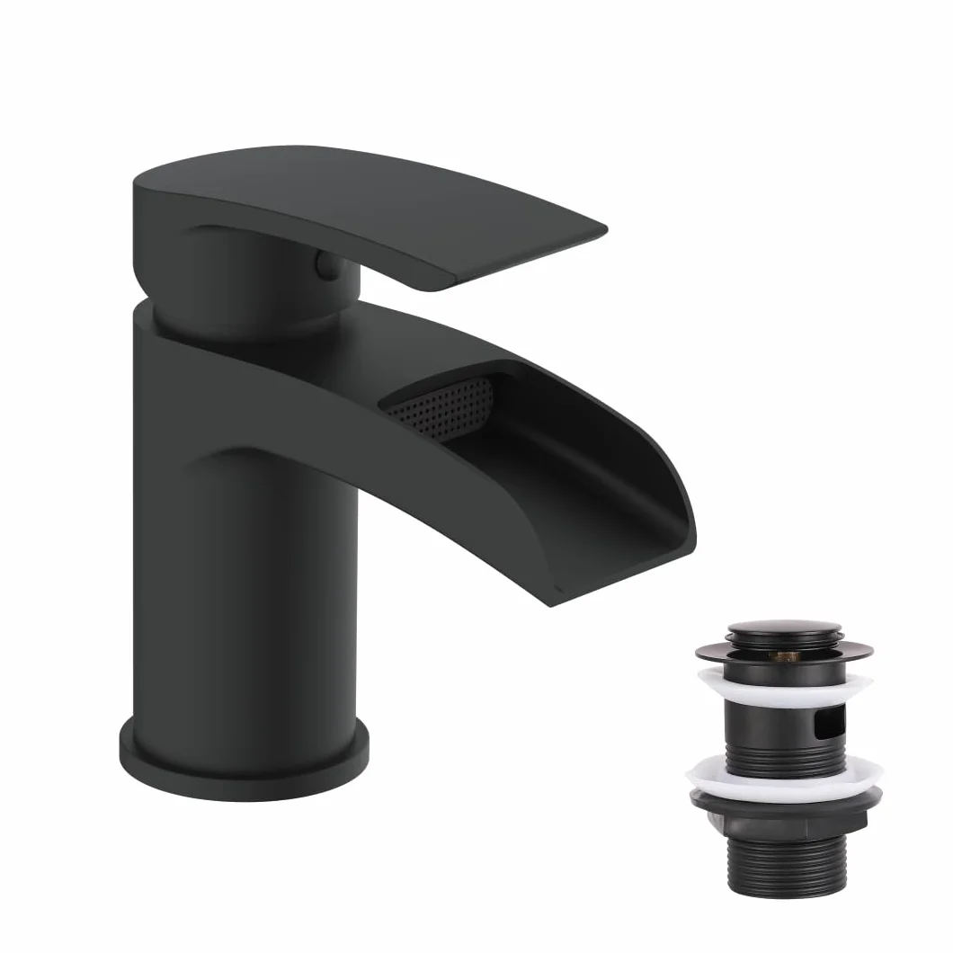 VeeBath Stream Round Waterfall Mono bateria umywalkowa - matowe czarne wykończenie, pojedyncza dźwignia, nowoczesna bateria umywalkowa z odpadami, bateria łazienkowa montowana na blacie, współczesny