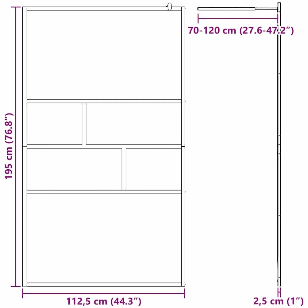 Ścianka prysznicowa Walk-in czarna ze szkła i aluminium, 115 x 195 x 0,5 cm, satynowane szkło ESG, przezroczyste wykończenie na górze i na dole, do łazienki i renowacji
