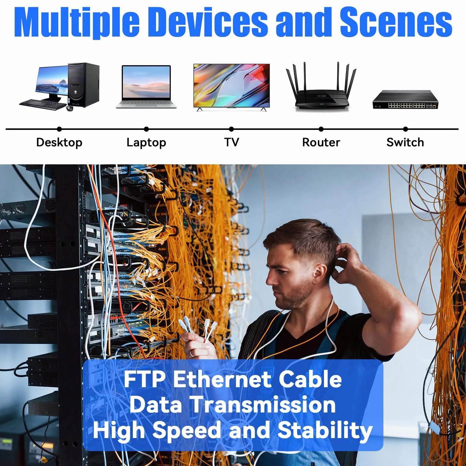 Kabel Ethernet 20m Sieciowy Ekranowany FTP PIMF CCA Kat 6 Wodoodporny Gigabit Biały