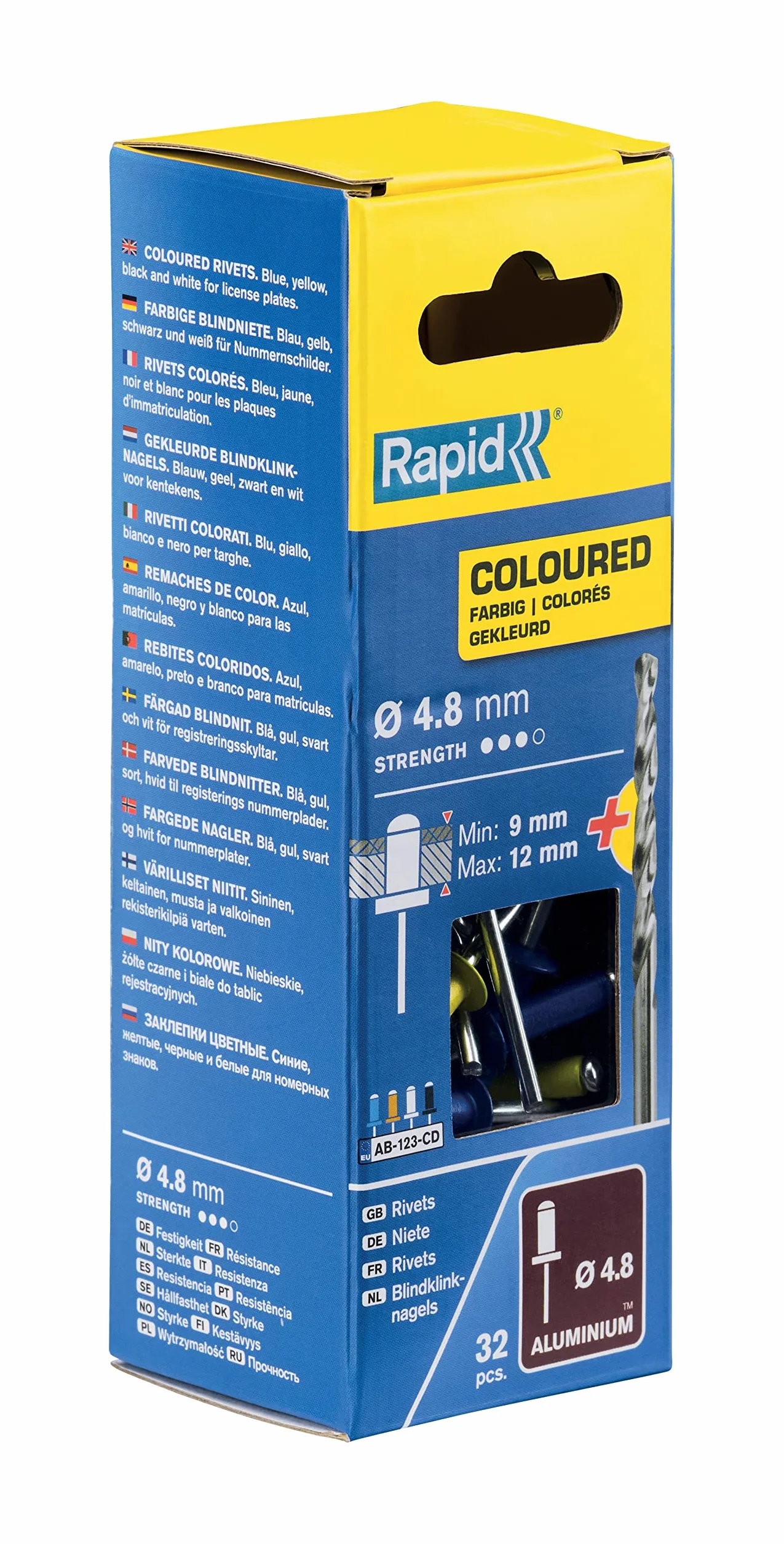 Rapid Nity zrywalne kolorowe Ø 4,8 mm, zakres zacisku 9-12 mm, 32 szt. nity aluminiowe, zestaw z wiertłami, do szczypiec nitowniczych