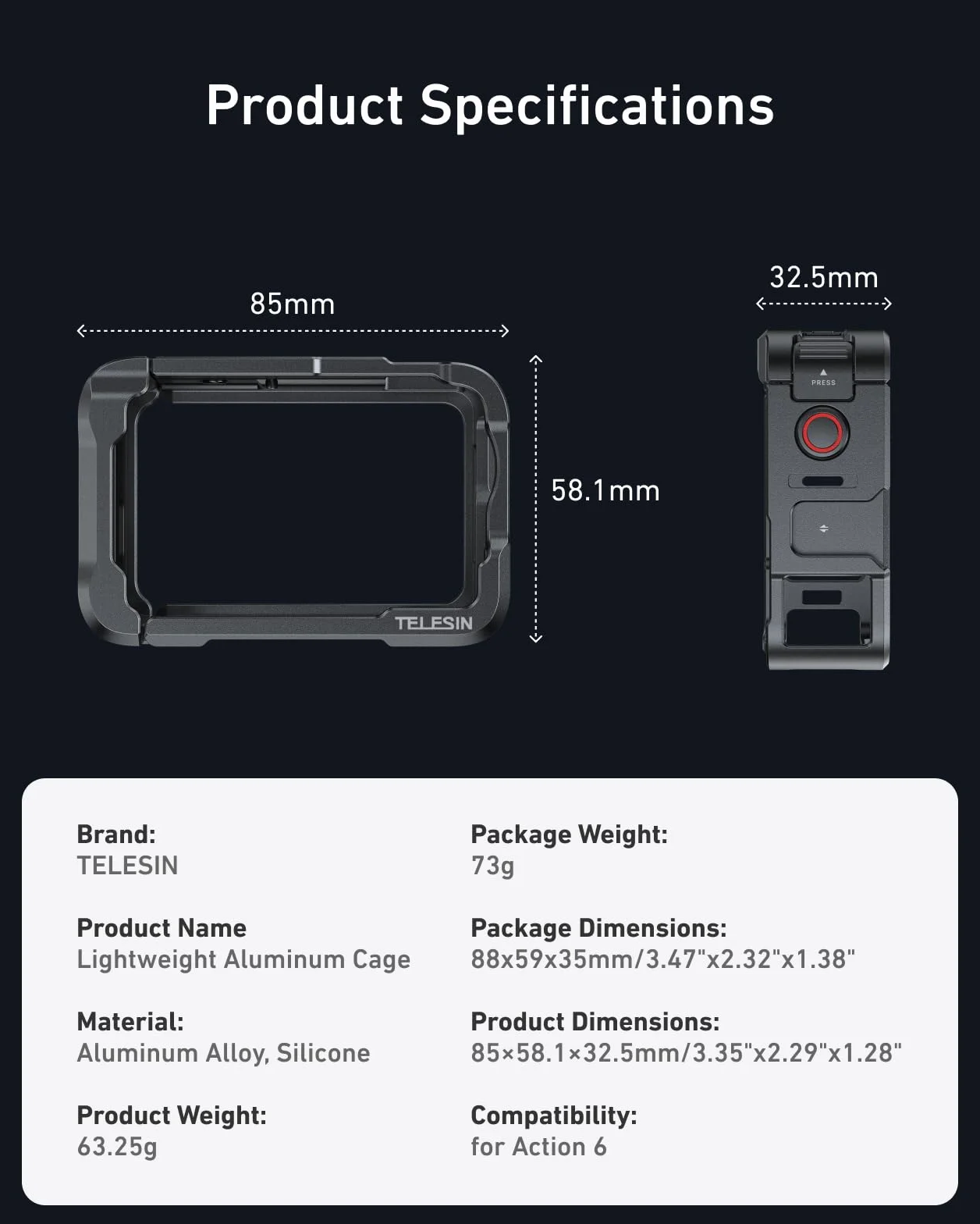 TELESIN Klatka na kamerę DJI Osmo Action 6, aluminiowa obudowa ochronna z gwintem 1/4"