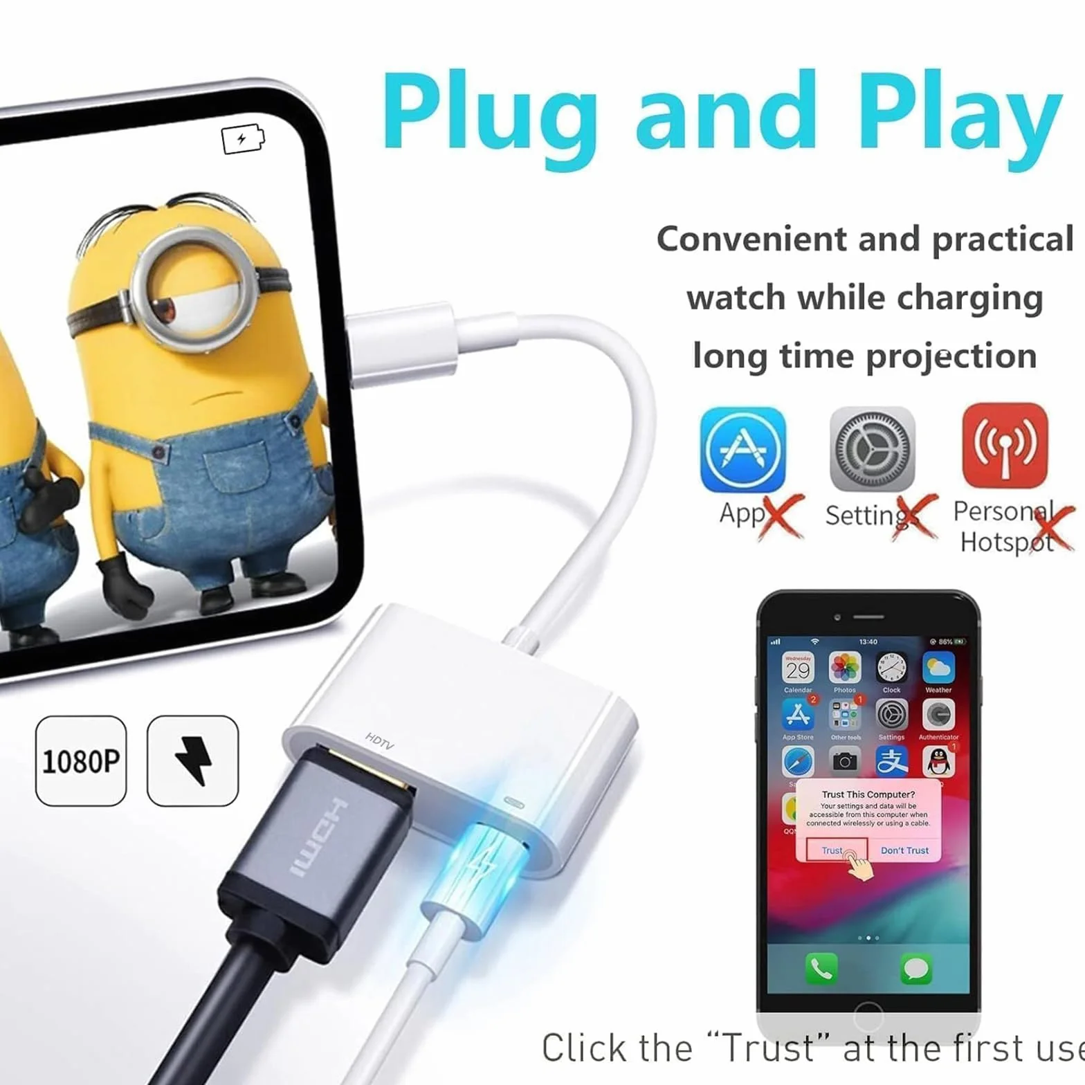 Adapter HDMI dla iPhone iPad 1080P Digital AV Video Audio Sync Screen Converter Kompatybilny z HDTV