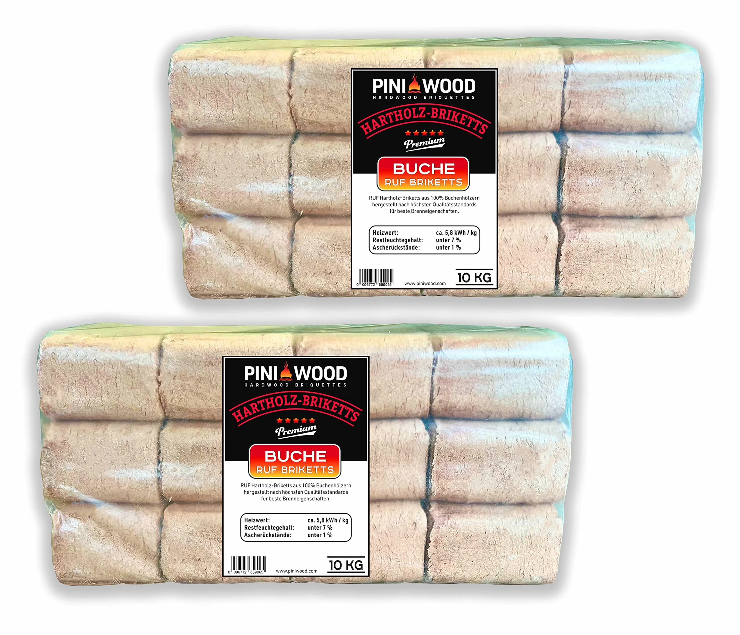PINI Brykiet drewniany, 100% buk, brykiet z twardego drewna, RUF, kominek, piec, grill, palenisko, drewno opałowe, 20 kg