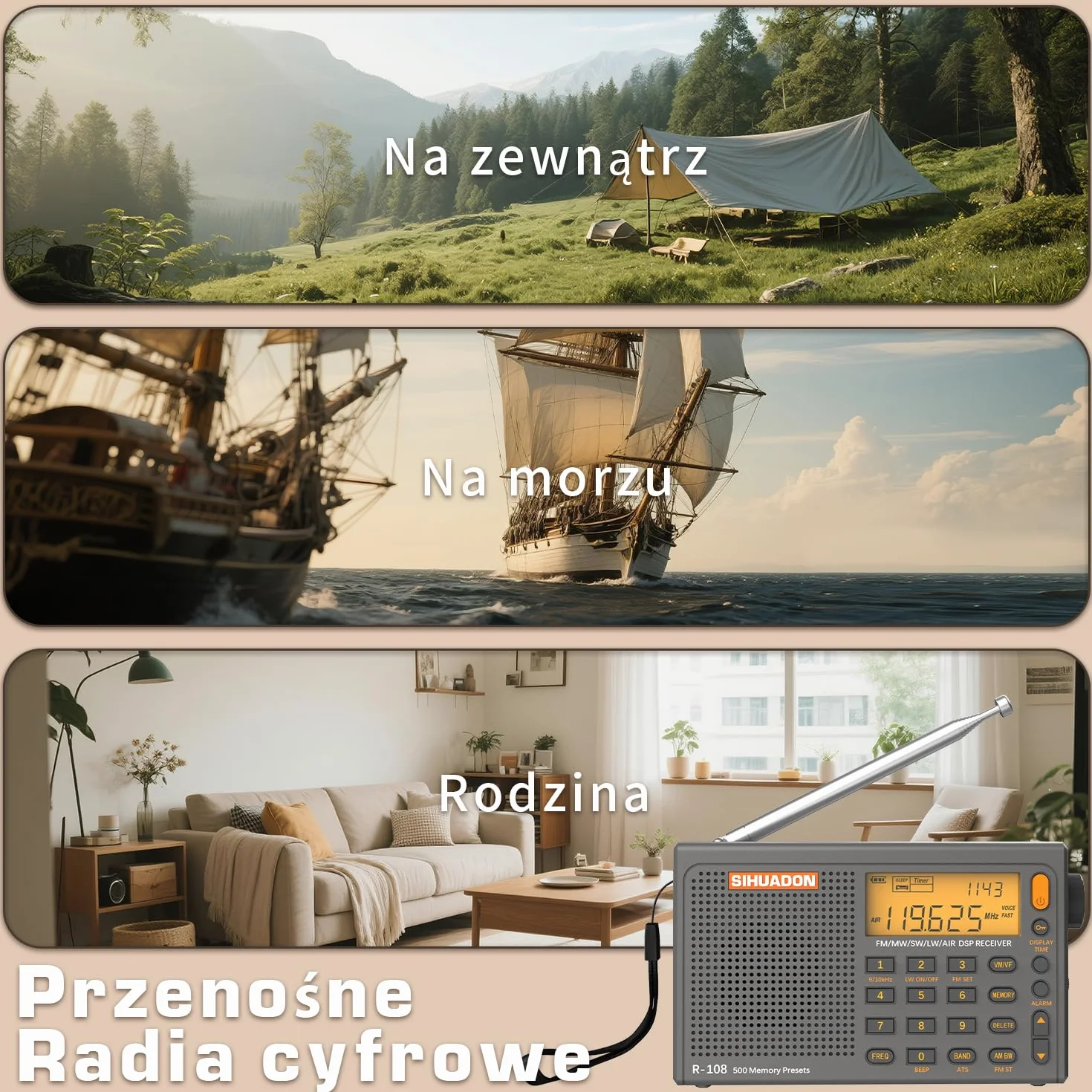 Radio przenośne SIHUADON R108 FM SW MW z czystym odbiorem, gniazdo słuchawkowe, timer, budzik, szary