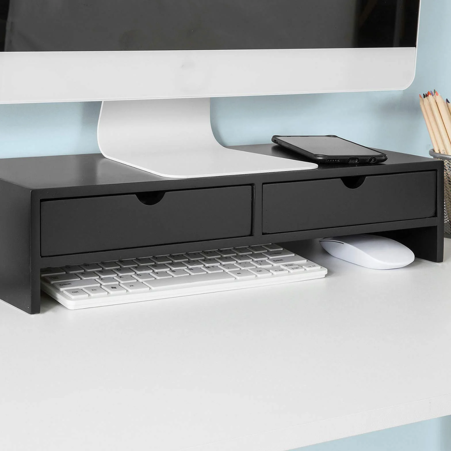 SoBuy Organizer na biurko z 2 szufladami, stojak na monitor, czarny, 47x11x18 cm BBF02-SCH