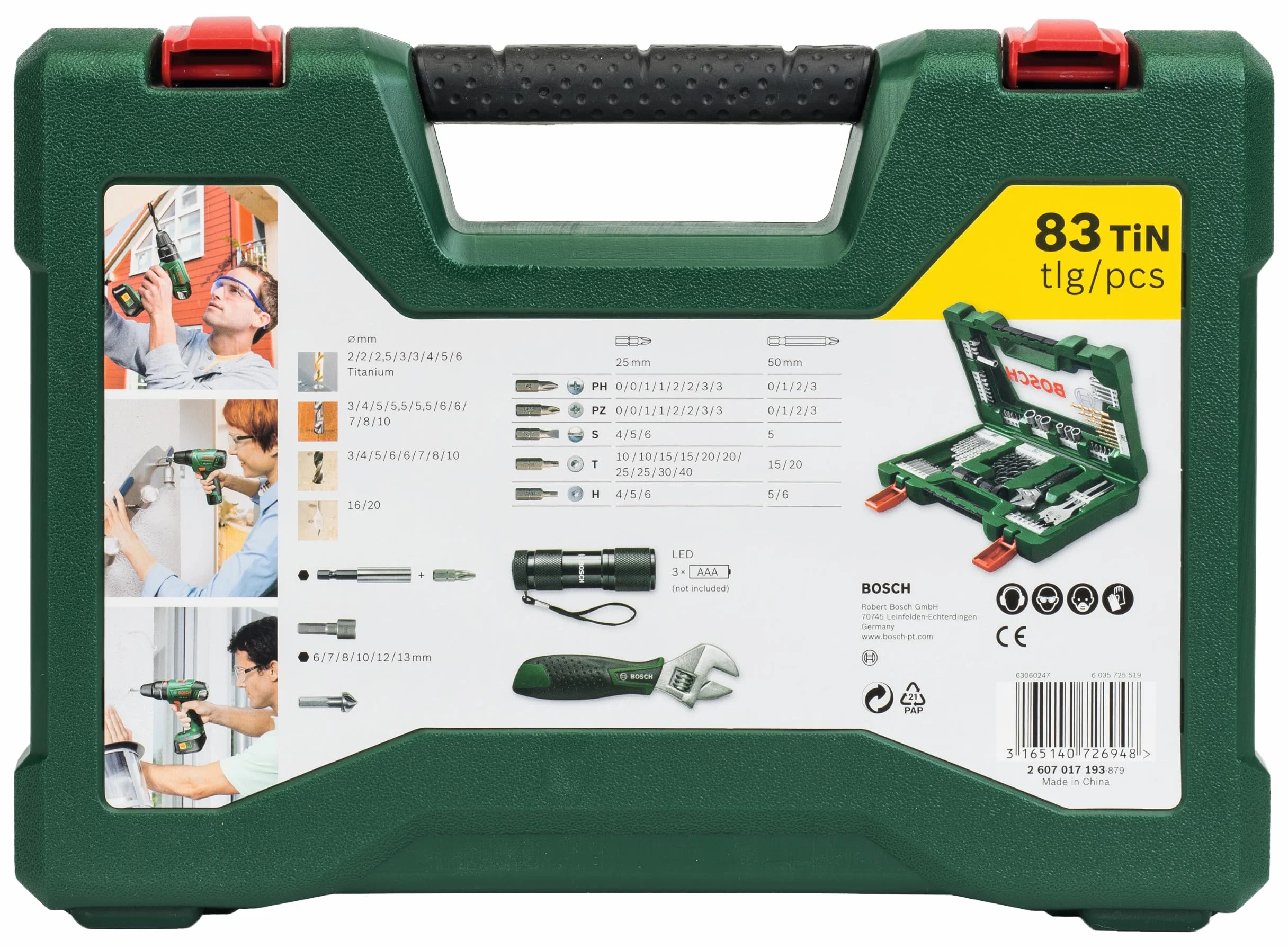 Bosch 83-częściowy zestaw wierteł TiN i końcówek wkręcających V-Line (z latarką LED i kluczem rozsuwanym główkowym, do drewna, kamienia i metalu, Akcesoria wiertło)