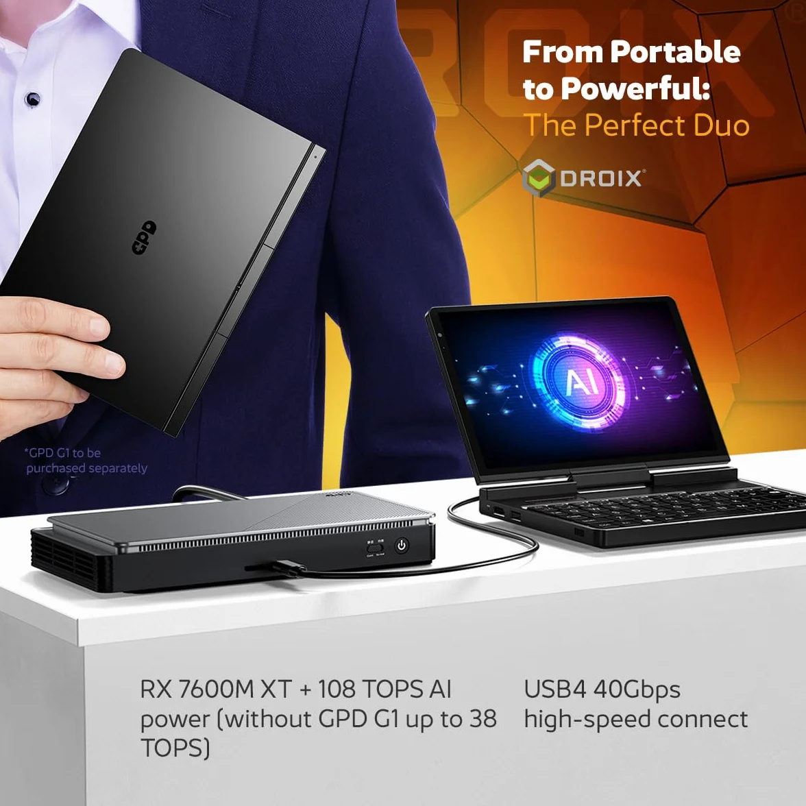 GPD Pocket 4 Mini Laptop AMD Ryzen AI 9 HX 370 Radeon 890M 32GB RAM LPDDR5X 2TB SSD PCIe Gen4 8,8" 2,5K 144 Hz Wi-Fi 6E Bluetooth 5.3