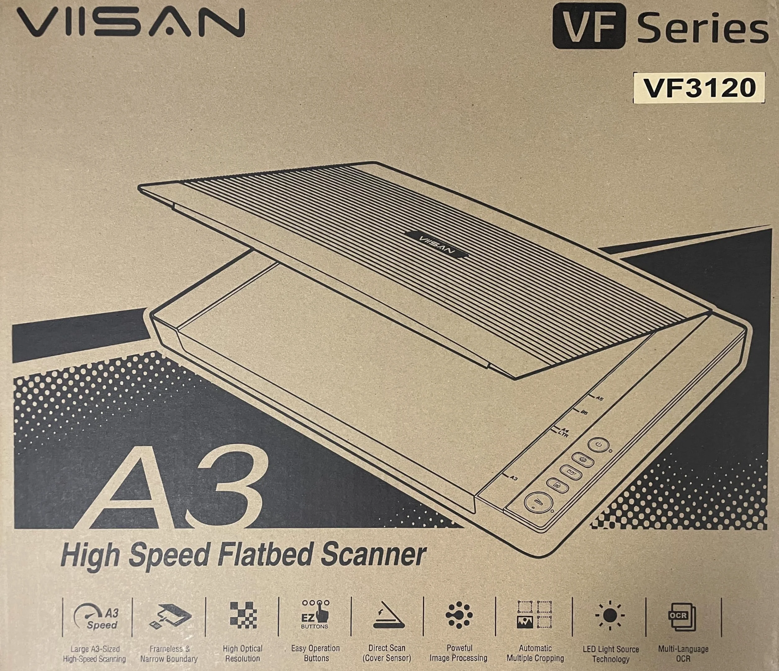Viisan VF3120, skaner płaski Din-A3. Maksymalna rozdzielczość 1200 x 1200 DPI. wraz z oprogramowaniem ViiScan dla Windows. Sterownik oprogramowania Mac
