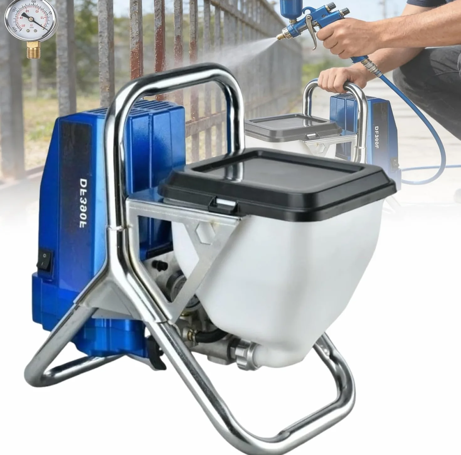 Elektryczny rozpylacz do farby, system natryskowy Airless z regulacją ciśnienia, pojemnik na farbę 6 l, wąż 5 m, 2 l/min – do ścian, sufitów, drewna, metalu, zastosowań zewnętrznych