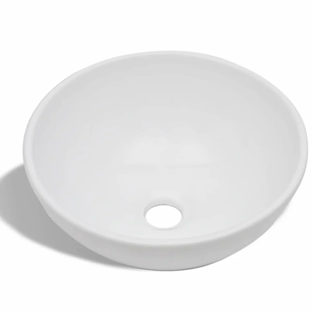 Ceramiczna umywalka łazienkowa okrągła biała z chromowaną baterią mieszającą, umywalka nasadowa 325 x 140 mm, łącznie z kranem, elastycznymi wężami, akcesoriami montażowymi do łazienki