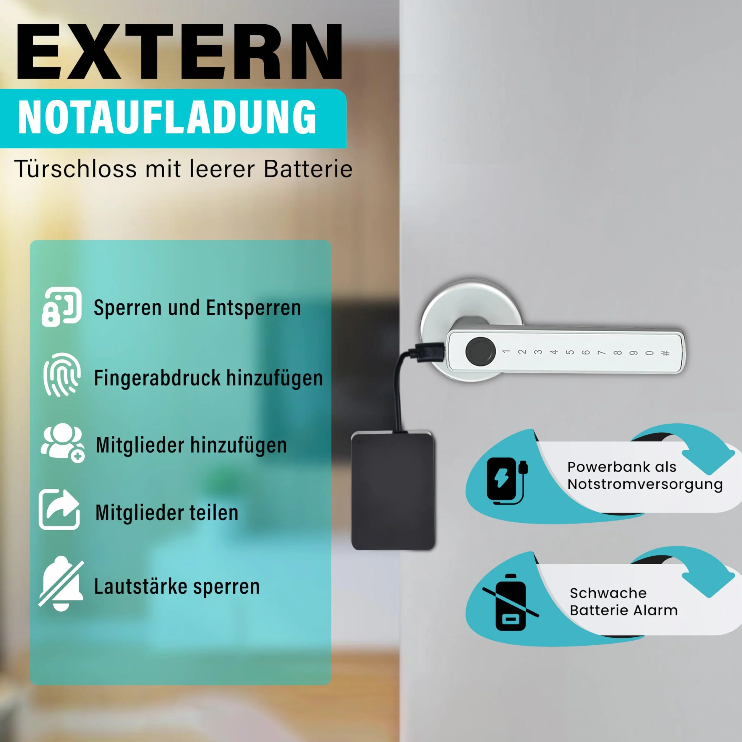 Zamek do drzwi z odciskiem palca, Smart Lock, elektroniczny zamek do drzwi wewnętrznych o grubości 35-55 mm, inteligentny zamek do drzwi, sterowany za pomocą aplikacji, z rozetą i 2 kartami