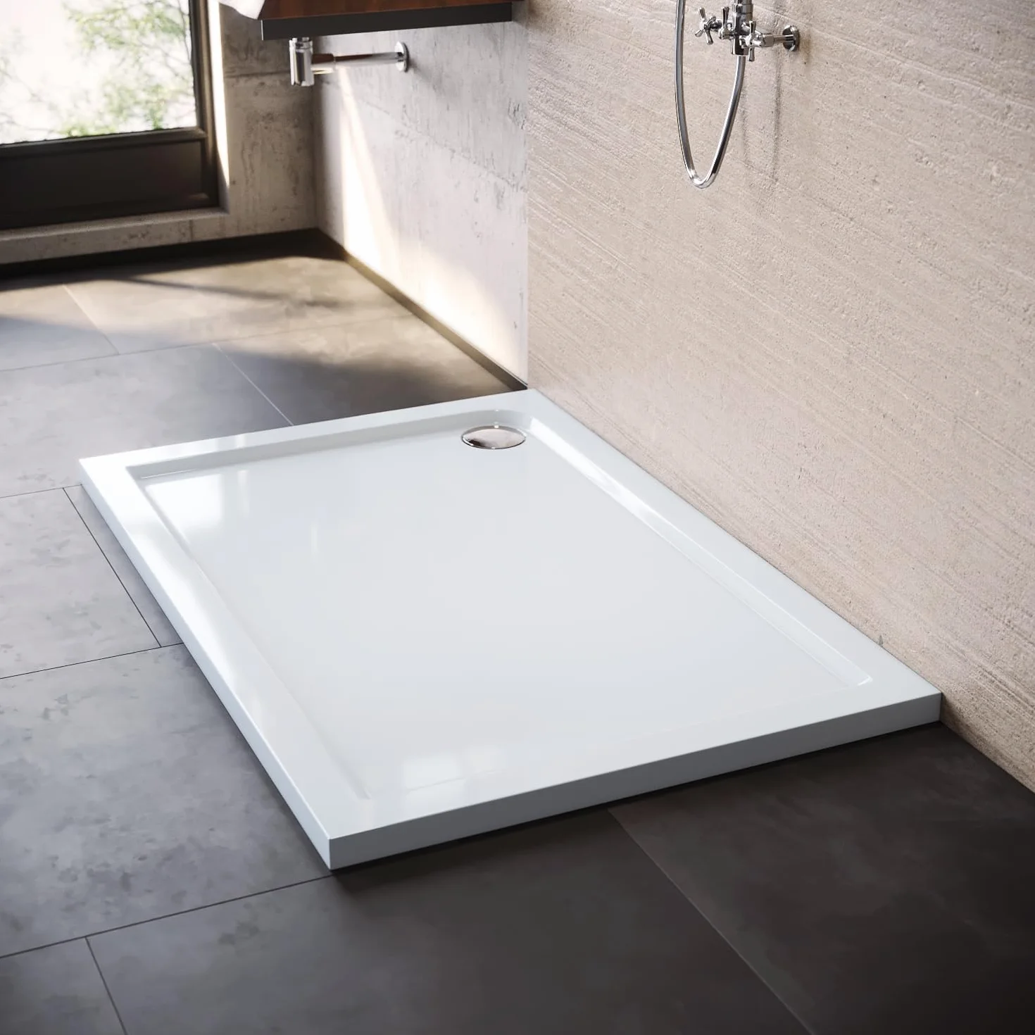 SONNI Brodzik prysznicowy o kwadratowym kształcie, 120 x 90 x 4 cm – antypoślizgowy brodzik prysznicowy o płaskiej konstrukcji, z panelem akrylowym ABS, łącznie z zestawem odpływowym