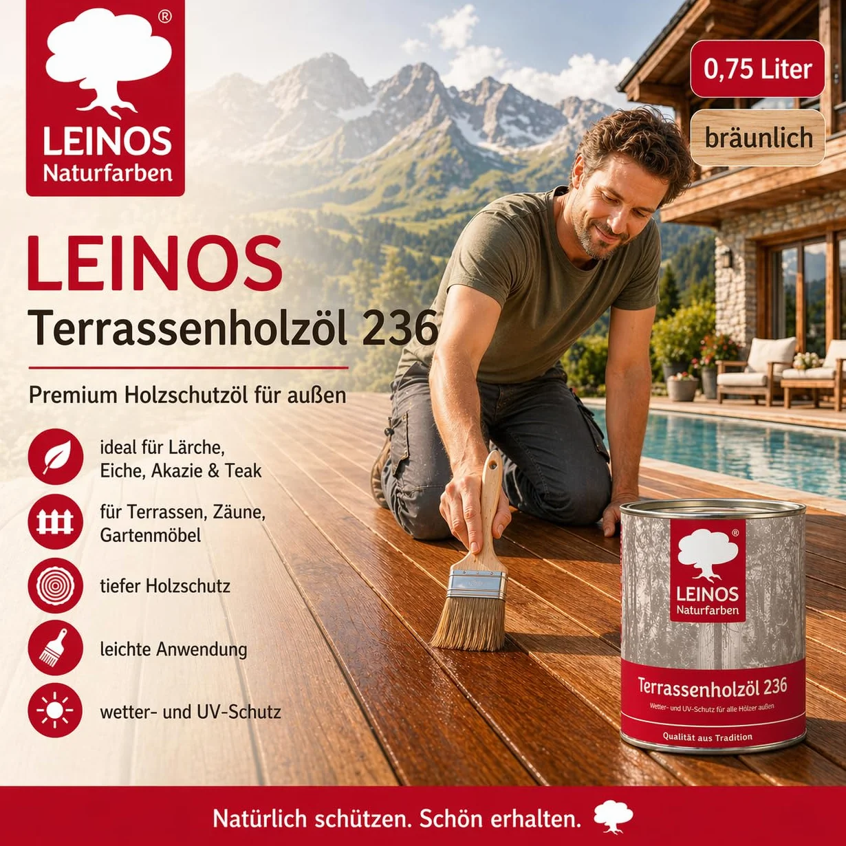 Leinos Olej do drewna tarasowego, 0,75 l, brązowawy olej do ochrony drewna premium do ochrony drewna modrzewiowego, dębu, drewna tekowego i akacji, do mebli ogrodowych i tarasów
