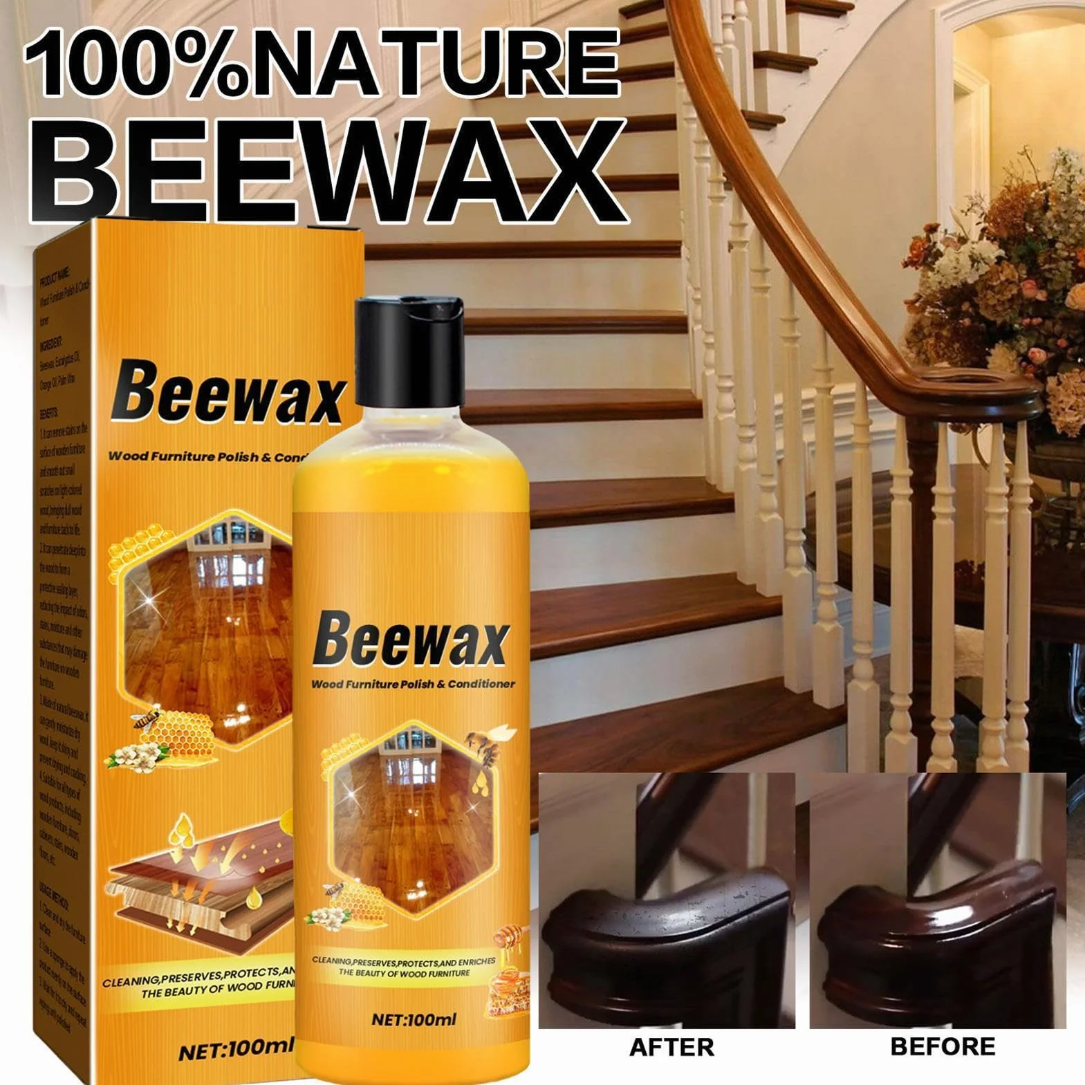 Bee’s Wax Furniture Agent, 100ml Natural Beeswax Wood, Shine and Protect Tables, Baseboards, Cabinets, Long-Lasting Fingerprint Remover