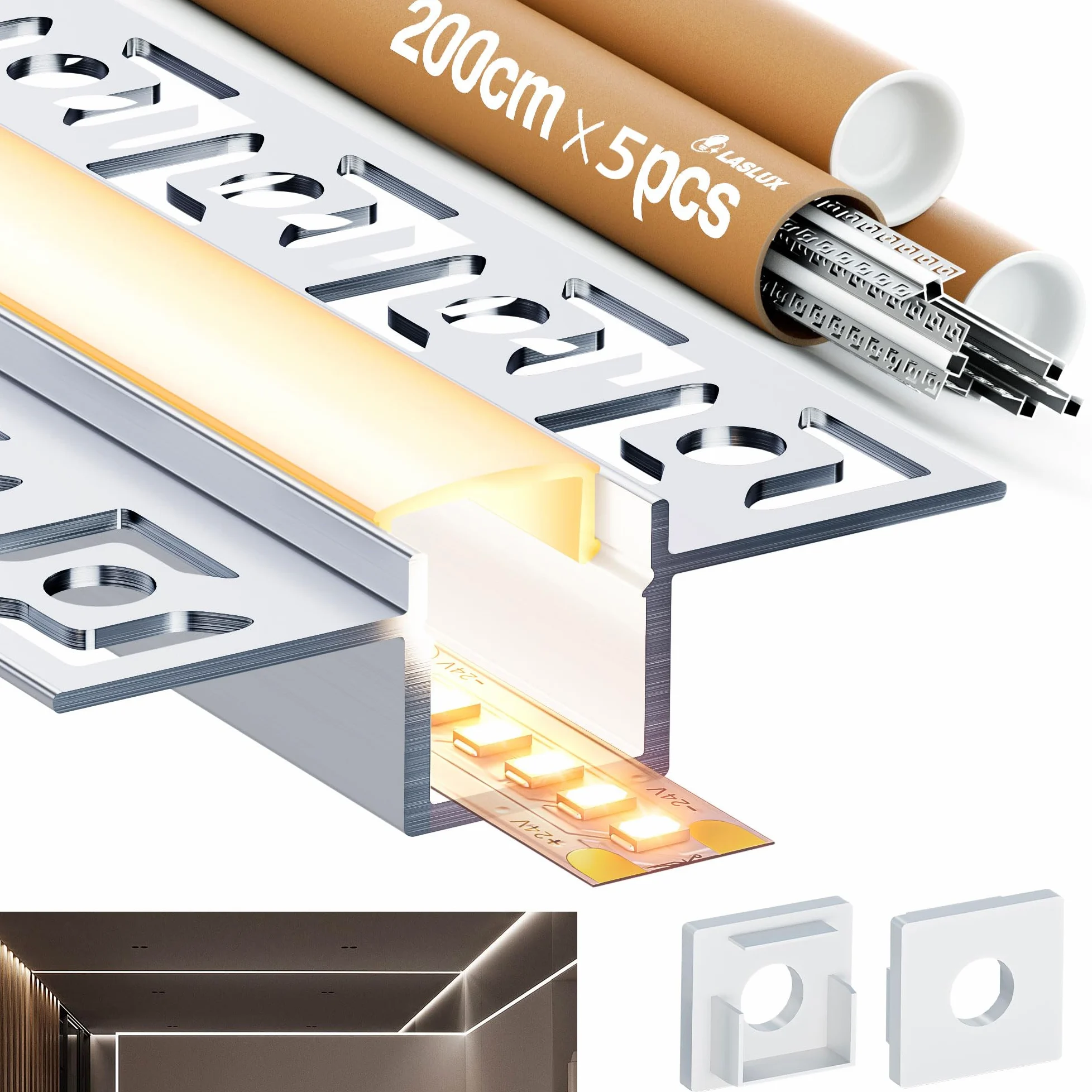 5 x profile aluminiowe do taśm LED 2 m (łącznie 10 m) Profil wpuszczany LED, półprzezroczysta pokrywa PC, szerokość do 25 mm lub dwie taśmy LED, wymiary: 61,8 x 13,8 mm
