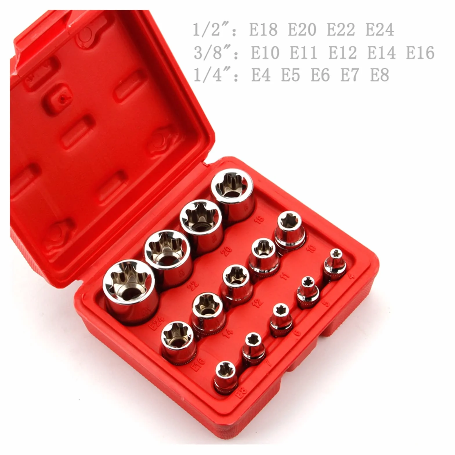 Dopasuj do materiału CRV 14 sztuk/zestaw E Set Sock Socket Socket 1/2 "3/8" 1/4" E4 - E24. Naprawa narzędzia narzędzia ręczne Zestaw wysokiej kwadratu