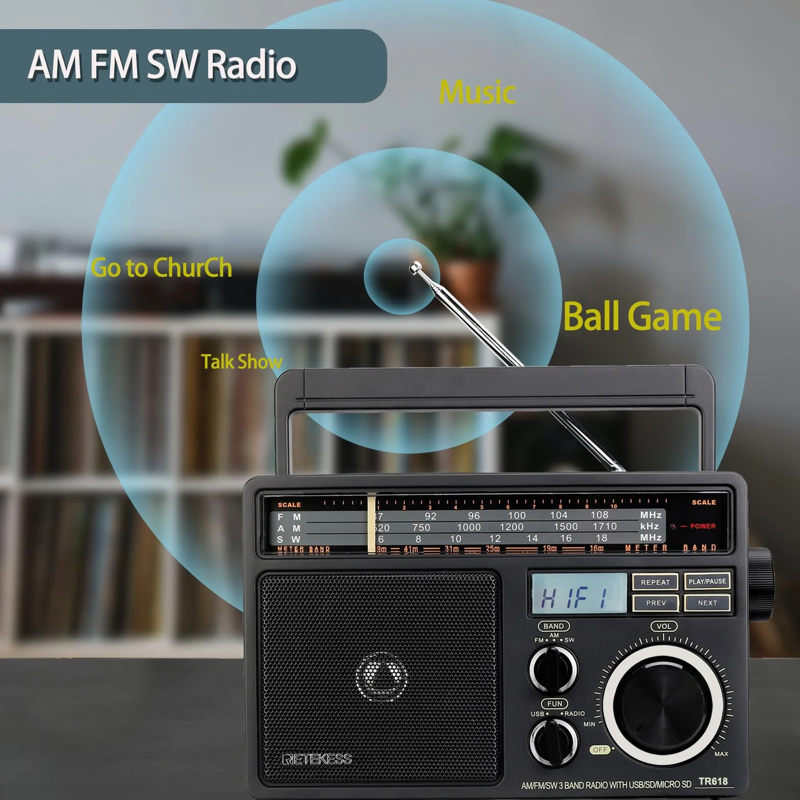 Retekess TR618 Przenośne Radio FM AM SW Analogowe Krótkofalowe USB SD/TF Gniazdo Słuchawkowe Zasilanie Sieciowe Akumulator Ciemnoszary
