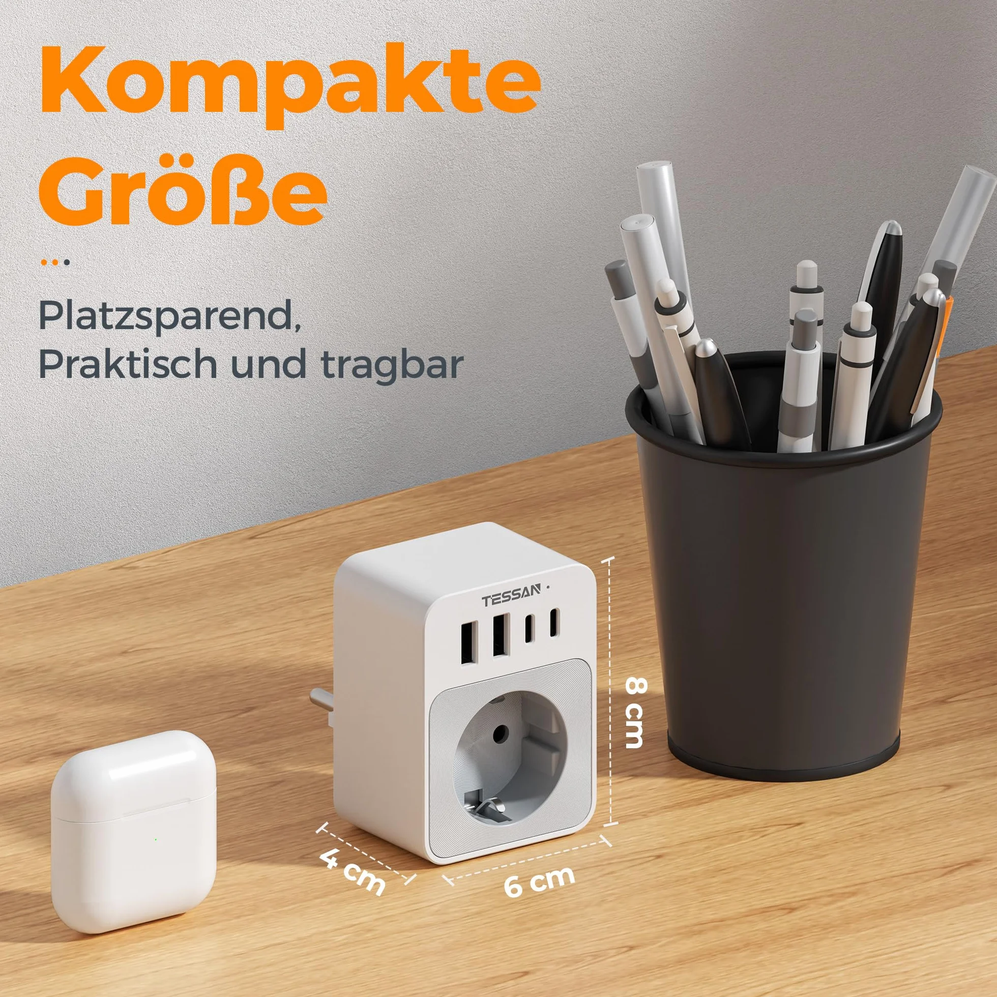 TESSAN Adapter USB C 15W płaskie gniazdo 3600W wielokrotna wtyczka gniazdko ścienne szary