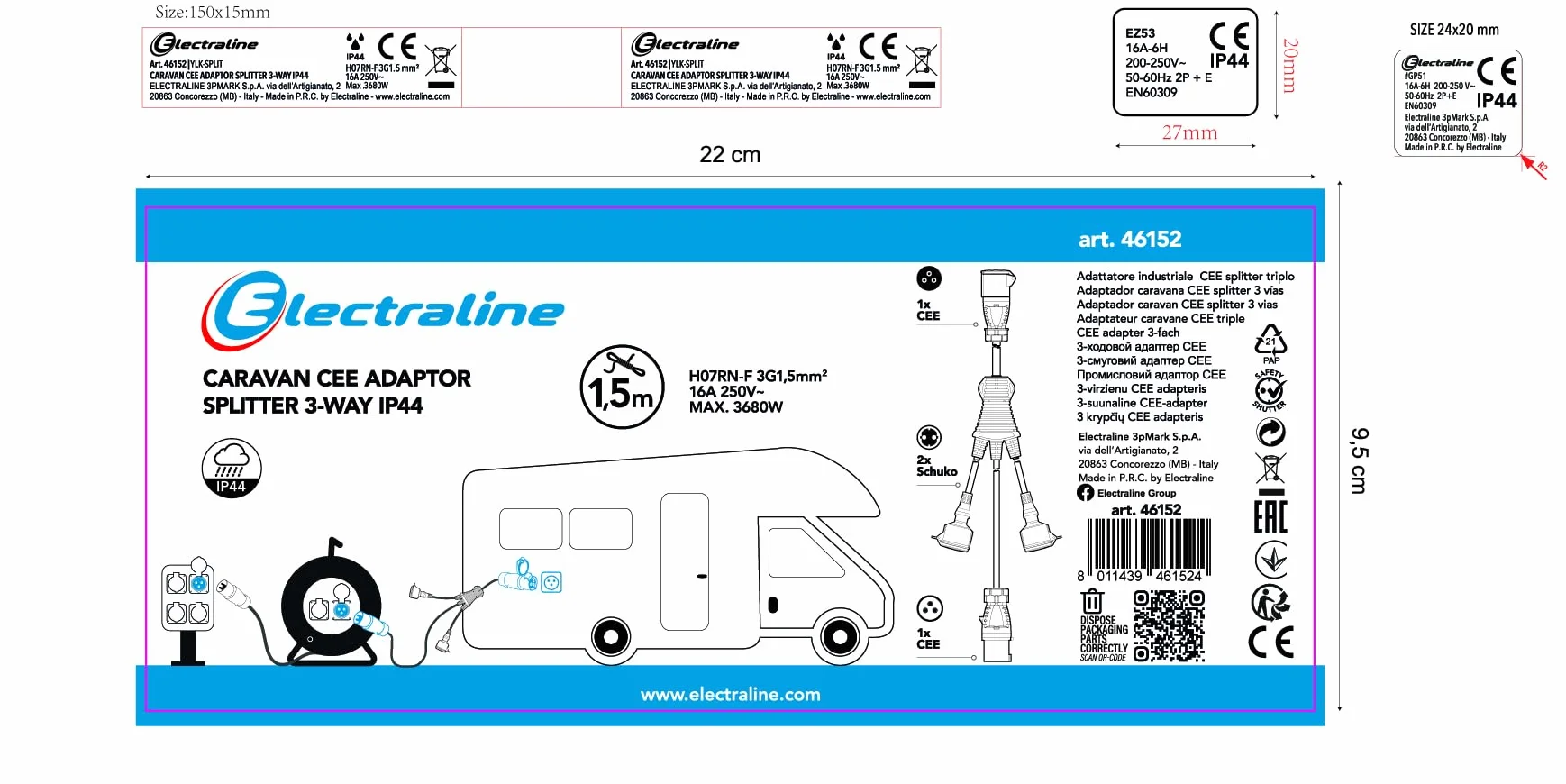 Electraline 46152 3-drożny przedłużacz przemysłowy z 2 gniazdami Schuko + 1 gniazdo przemysłowe CEE, wtyczka CEE, IP44, gumowy kabel H07RN-F 3G1,5 mm, długość 1,5 m, czarny