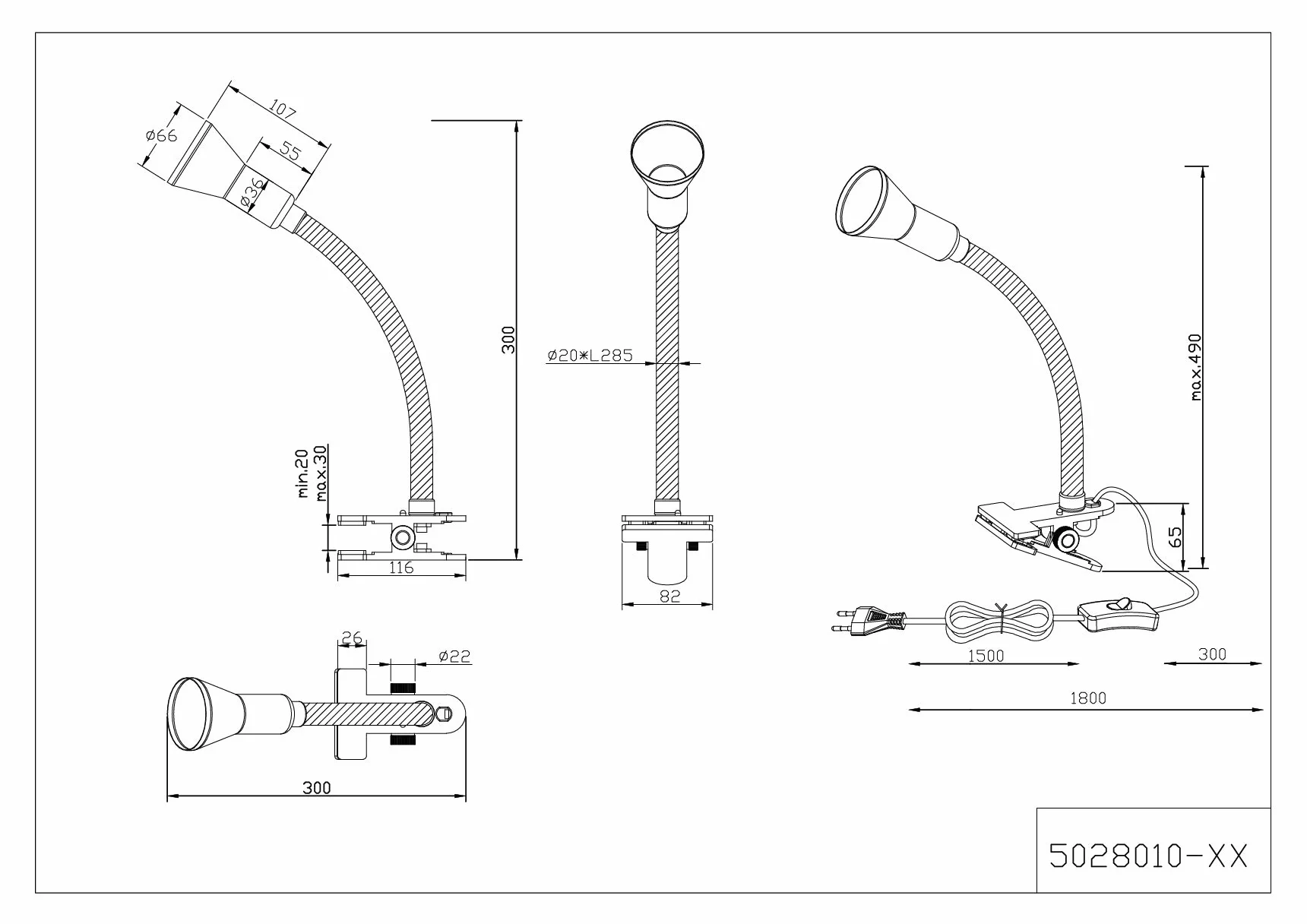 Trio Leuchten Lampa zaciskowa Flexo 5028010-02, metal/tworzywo sztuczne, czarna, bez 1 x E14, elastyczne ramię do czytania