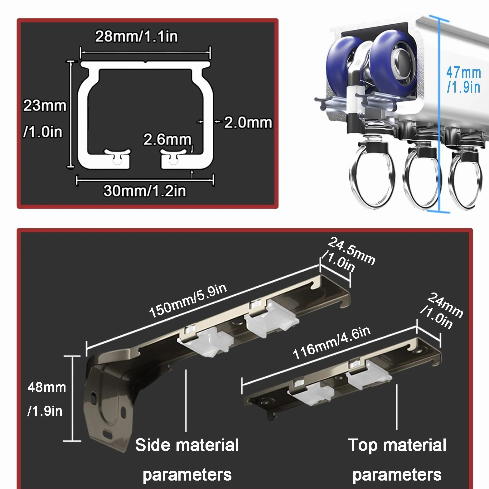 Wytrzymały aluminiowy uchwyt sufitowy z podwójną szyną zawiera elementy mocujące do przesuwnych kurtek i prysznica, regulowana długość 50-800 cm, idealny do dekoracji domu
