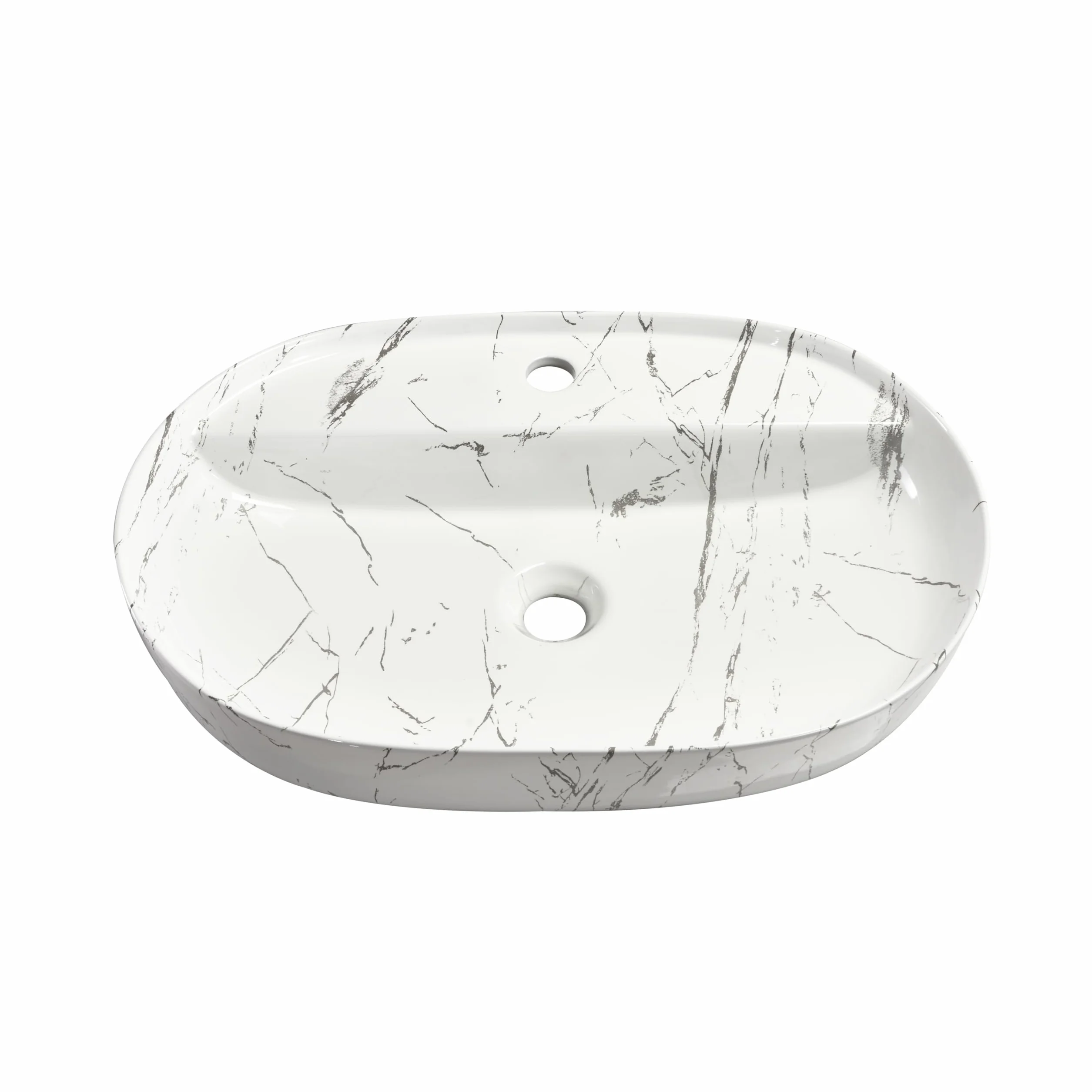 Umywalka owalna ceramiczna - 60 x 40 x 13 cm - nablatowa biały/marmur i WC dla gości - do rąk