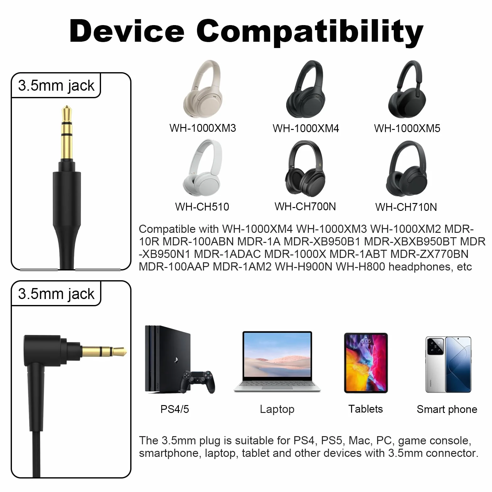 Zapasowy kabel słuchawek do Sony WH-1000XM5 XM4 XM3 MDR-10R