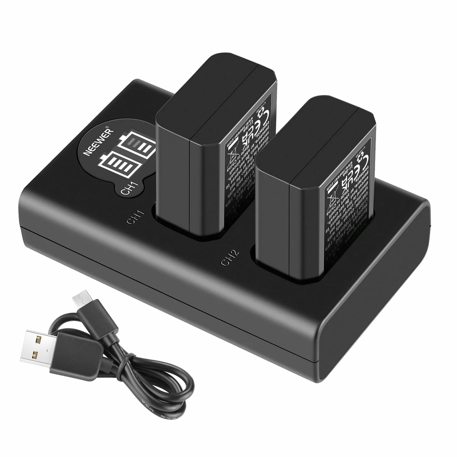 NEEWER NP-FW50 Ładowarka do aparatu Zestaw do Sony ZV-E10 A7 A7R A7RII A7II A7SII A7S RX10 Series (2 szt. 1100 mAh Micro USB Wymienne baterie i podwójne wejście typu C ładowarka)