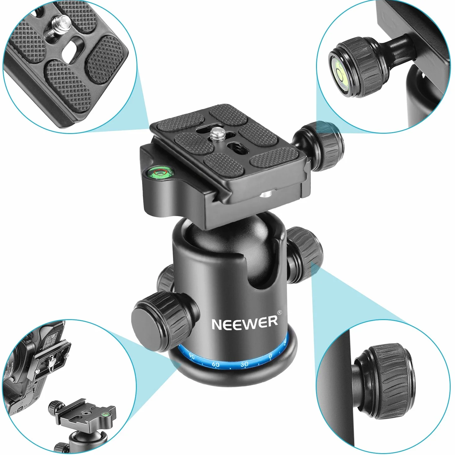 Neewer Głowica kulowa statywu 36 mm 360° panoramiczna metalowa płytka szybkozłączka Arca 1/4" gwint 3/8" do 8 kg