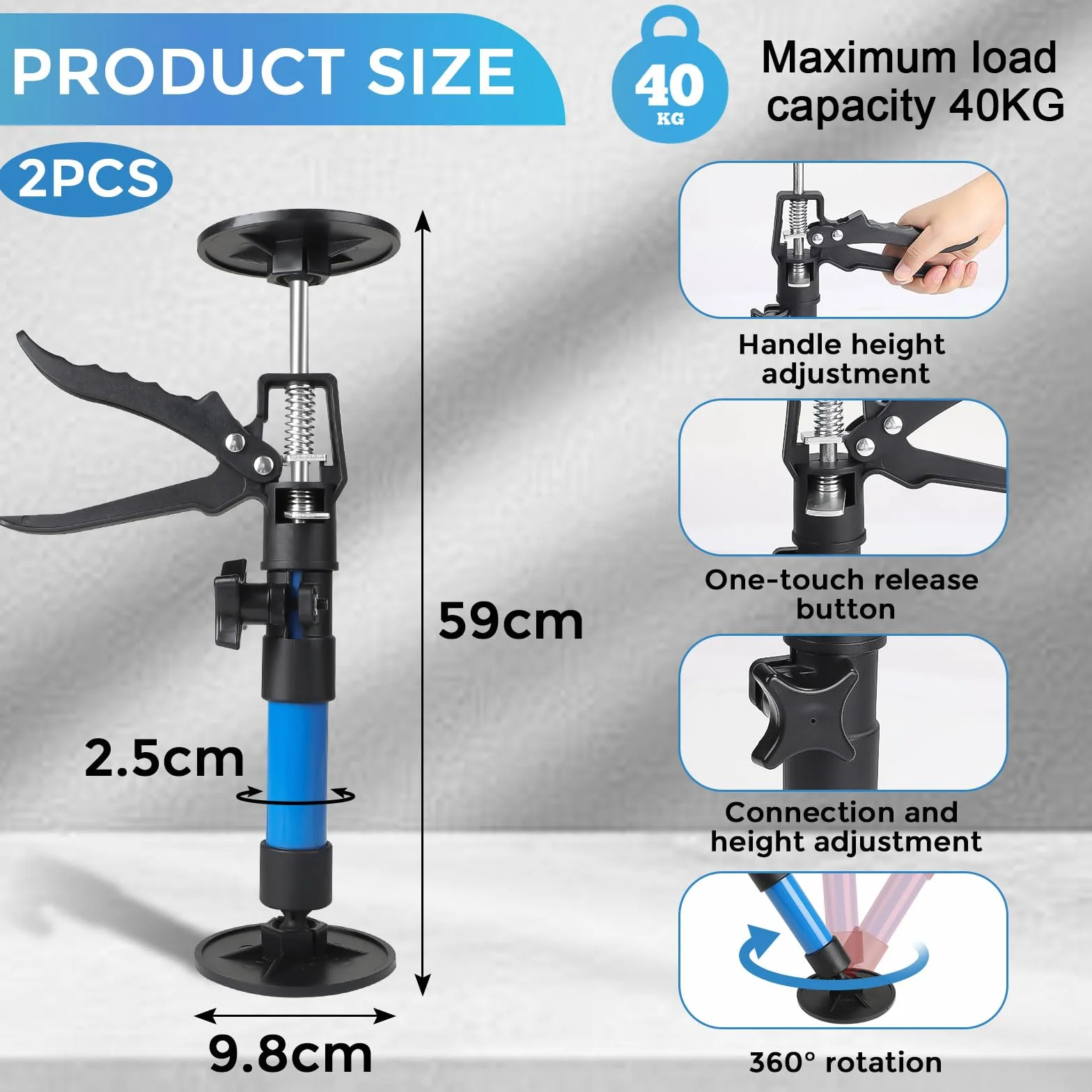 2 sztuki regulowanych podpór teleskopowych, wspornik teleskopowy, maksymalna nośność 40 kg, przedłużenie 30-59 cm, do szafy, ościeżnic
