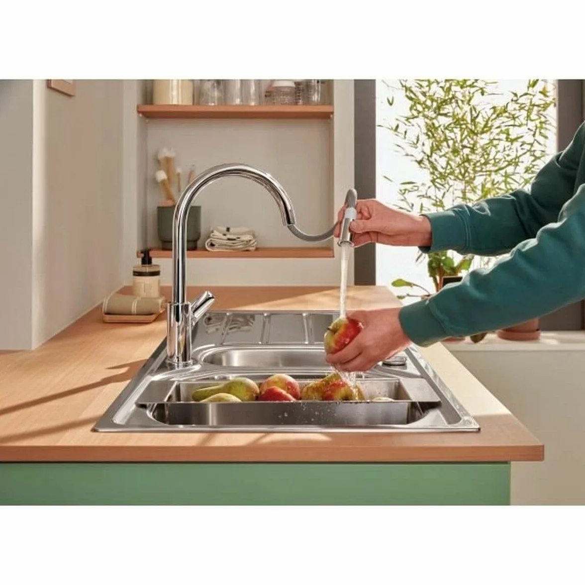 GROHE Start Edge 30550000 bateria kuchenna z wyciąganą wysoką wylewką, kształt C, obracana o 360°, instalacja QuickFix, ekologiczny ogranicznik przepływu, chrom