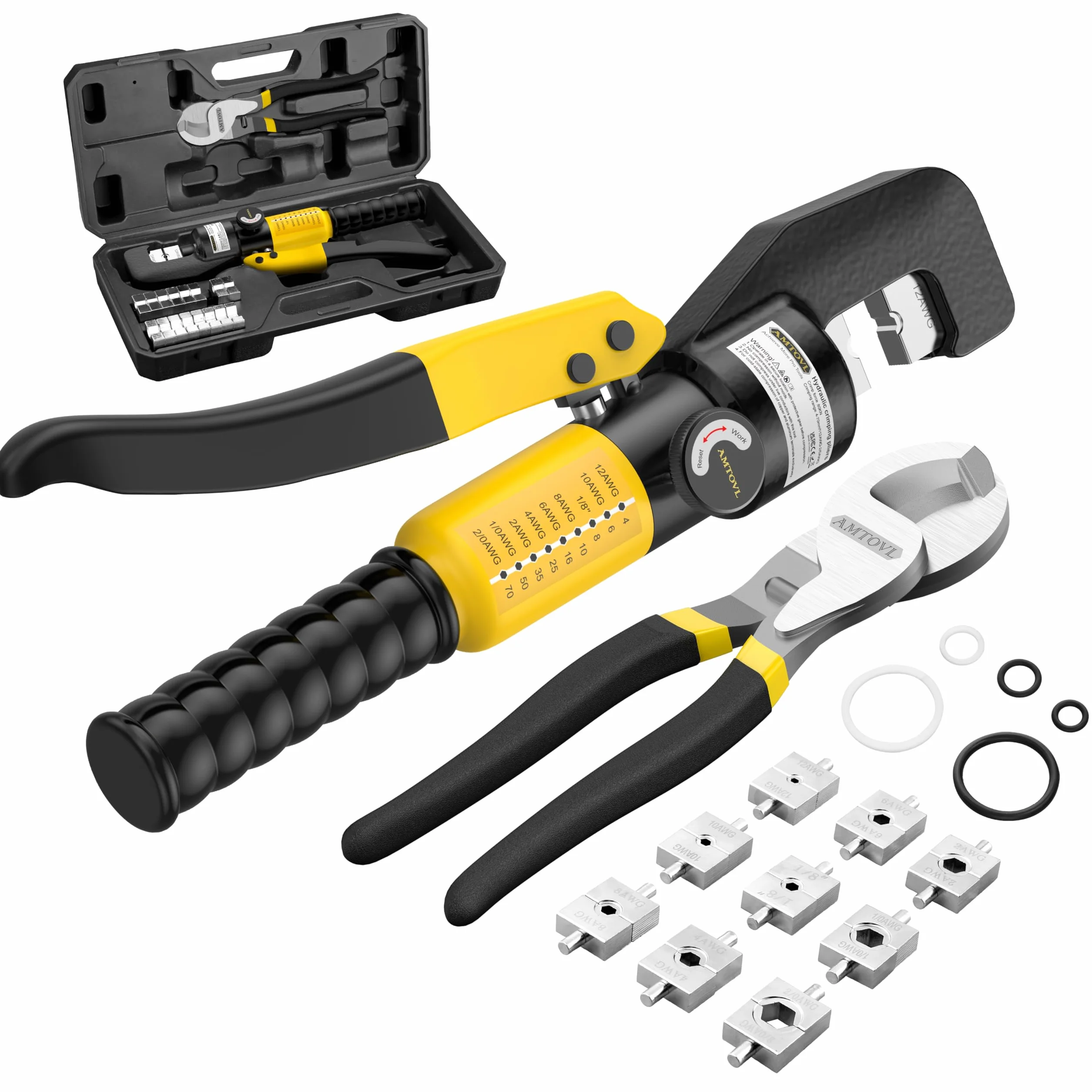 AMTOVL Hydrauliczne szczypce zaciskowe 8T z 9 szt. Model hydrauliczny 4-70 mm² Narzędzie do zaciskania kabli z szeroką głowicą 10 cali do zaciskania i cięcia końcówek kablowych