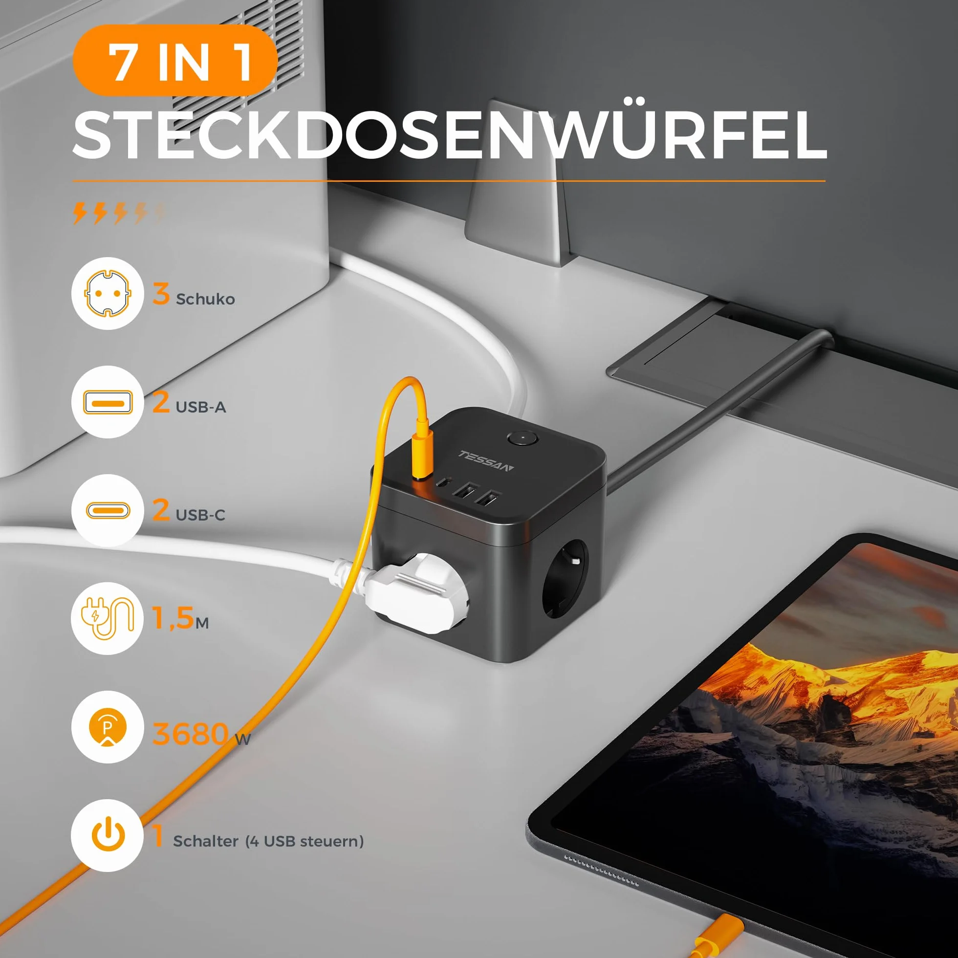 TESSAN Listwa zasilająca, płaska wtyczka PD, 20 W, szybkie ładowanie, 3 gniazda wtykowe z 2 gniazdami USB C i 2 USB A, kostka z przełącznikiem, przedłużacz 1,5 m, wtyczka wielokrotna, do biura, czarna