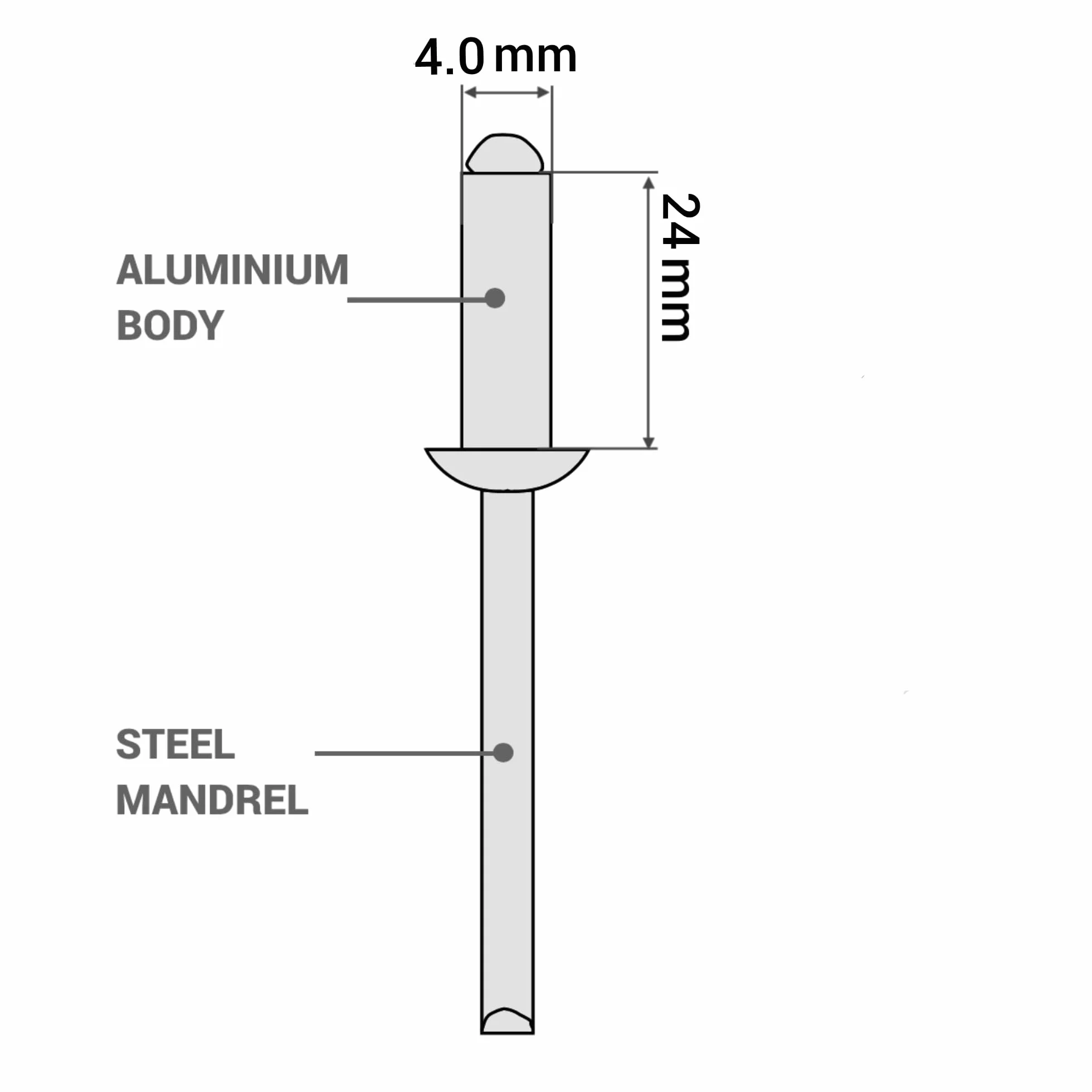 SKIR'CO Nity aluminiowe 4,0 x 24 mm, trzpień stalowy, nity pop, głowica kopułkowa, nity DIN 7337, 50 szt