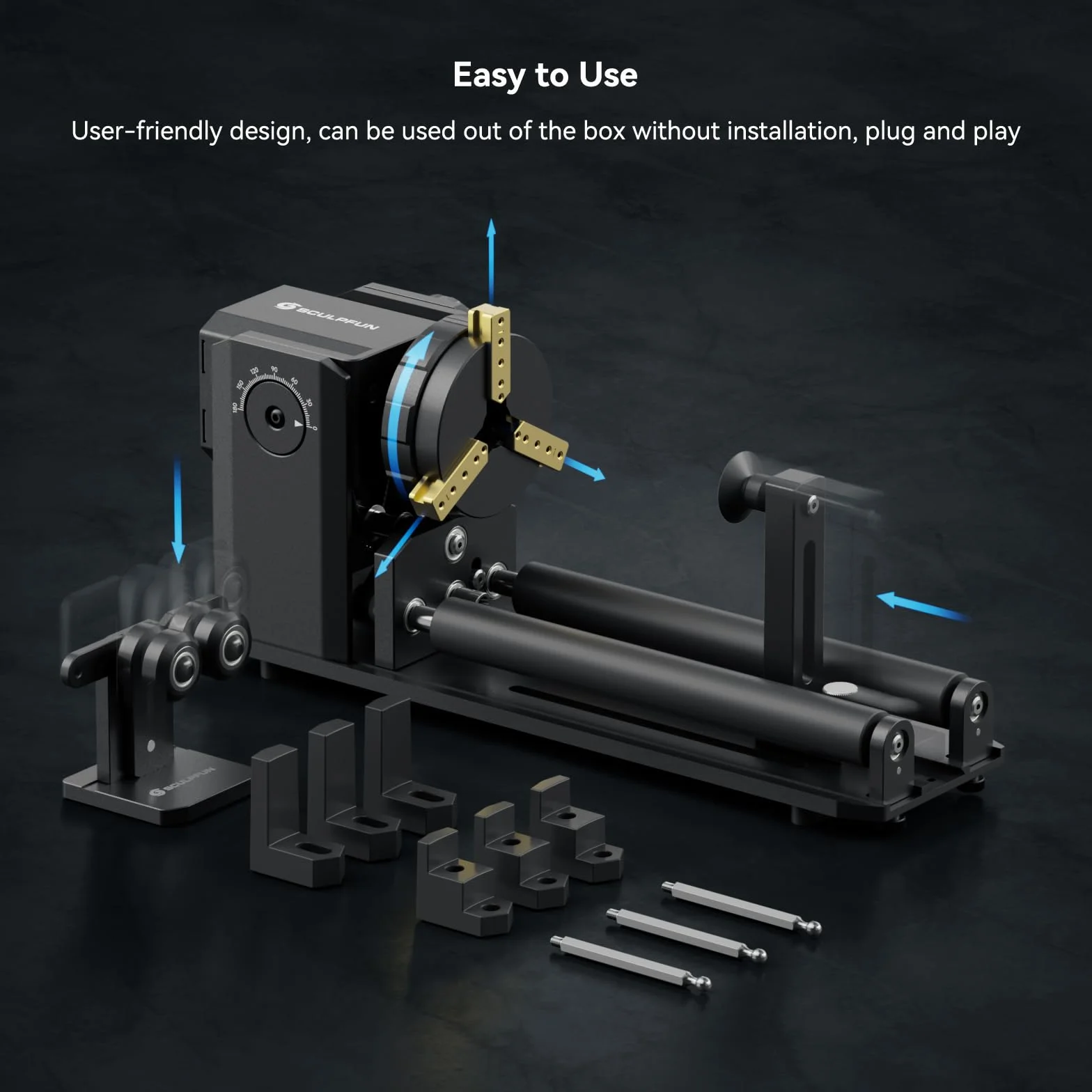 SCULPFUN RA Pro Max Rotary Chuck, 4 w 1, obrotowy wałek do grawerowania laserowego, moduł rotacyjny osi Y, z regulowanym kątem 180°, do grawerowania cylindrycznych, nieregularnych okrągłych obiektów