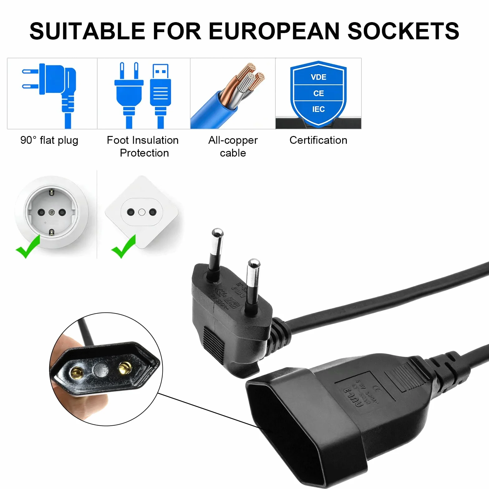 Przedłużacz z wtyczką Euro 90 stopni, płaski kabel 0,3 m, 2 sztuki, czarny