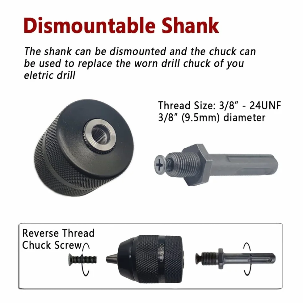 Keyless 0.8-10mm 3-Jaw 3/8-24UNF uchwyt wiertarski Quick Change Adapter SDS-Plus Shank 1/4 Cal sześciokątny kwadratowy młot obrotowy/wiertarka udarowa (kolor: tylko uchwyt)