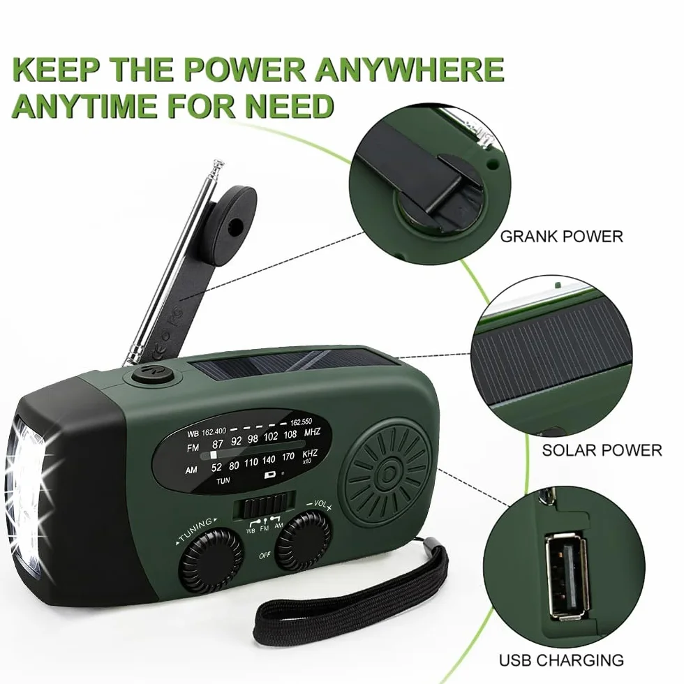 Słoneczne radio awaryjne AM/FM z latarką LED i ładowarką USB wodoodporne na kemping