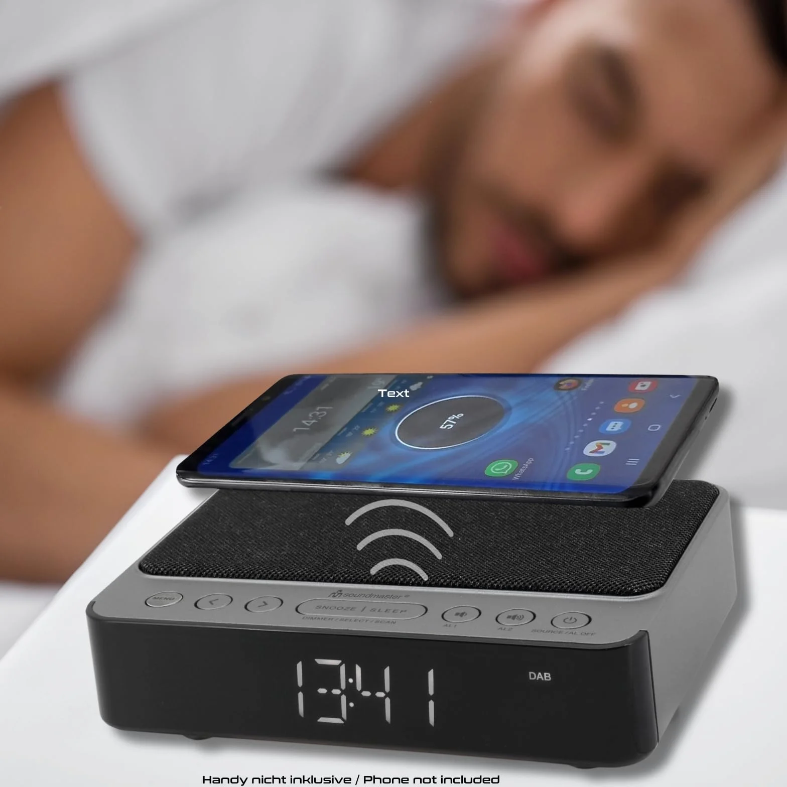 Soundmaster UR250AN DAB+ cyfrowy radiobudzik z bezprzewodową stacją ładującą, lampką nocną, bezprzewodową ładowarką iPhone/Samsung Galaxy, wyświetlacz LED, 5-stopniowy przyciemniacz, 2 czasy budzenia